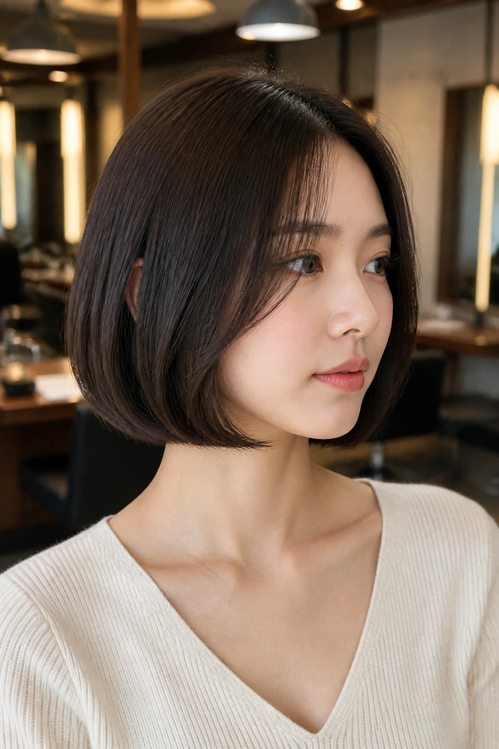 Close-up profile of a real woman with a Korean C-Curl bob showing inward curved hem