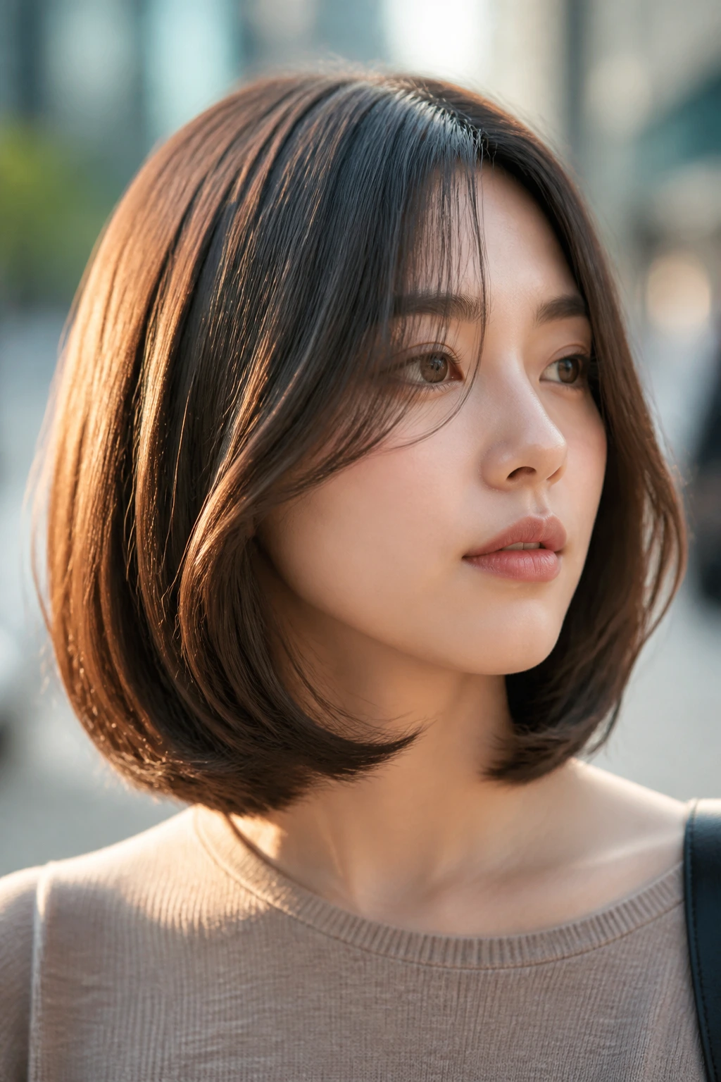 Close-up of a real person with a Korean C-Curl lob curling under for a tidy finish