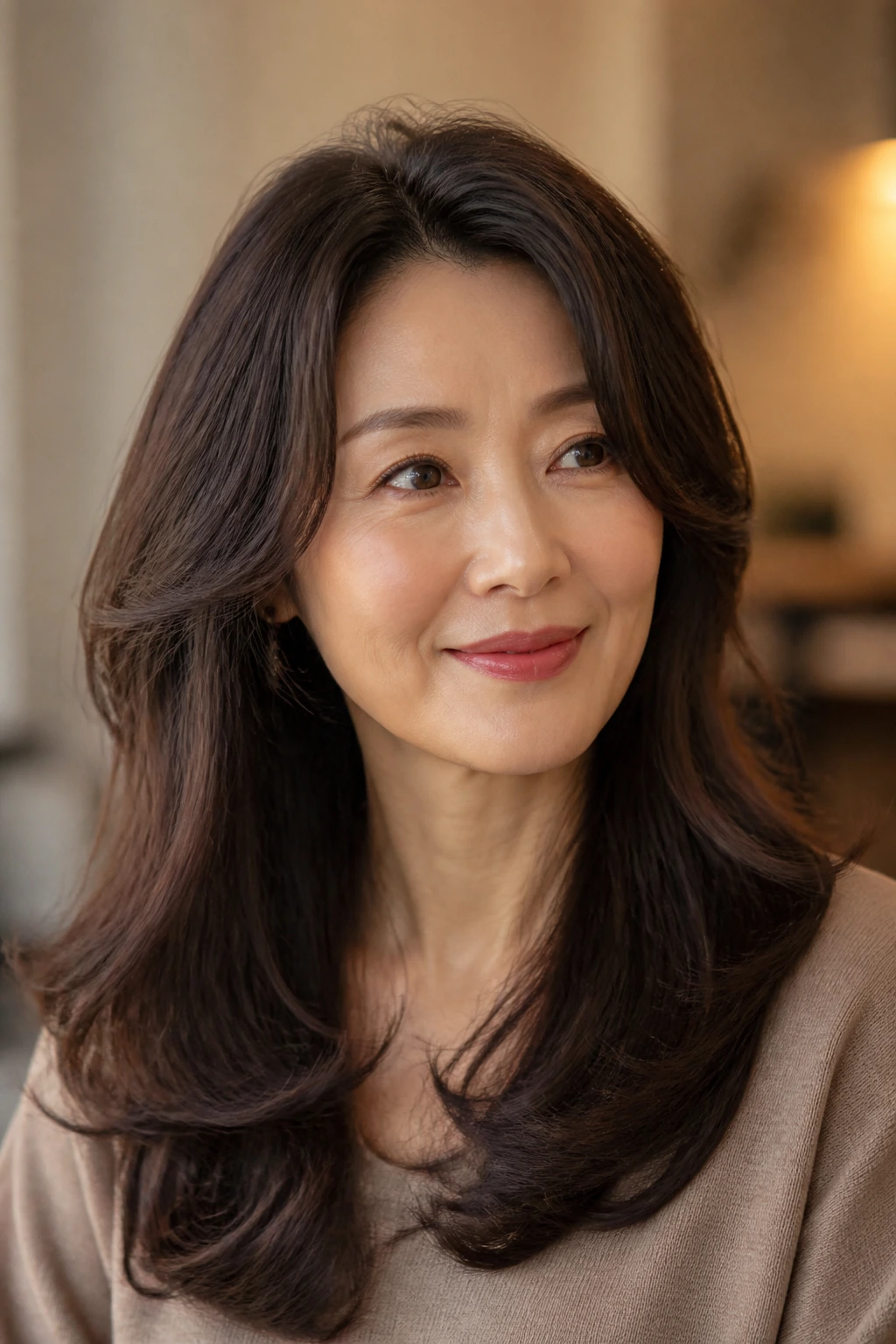 Portrait showing full crown fullness on fine hair for Korean-inspired long cuts