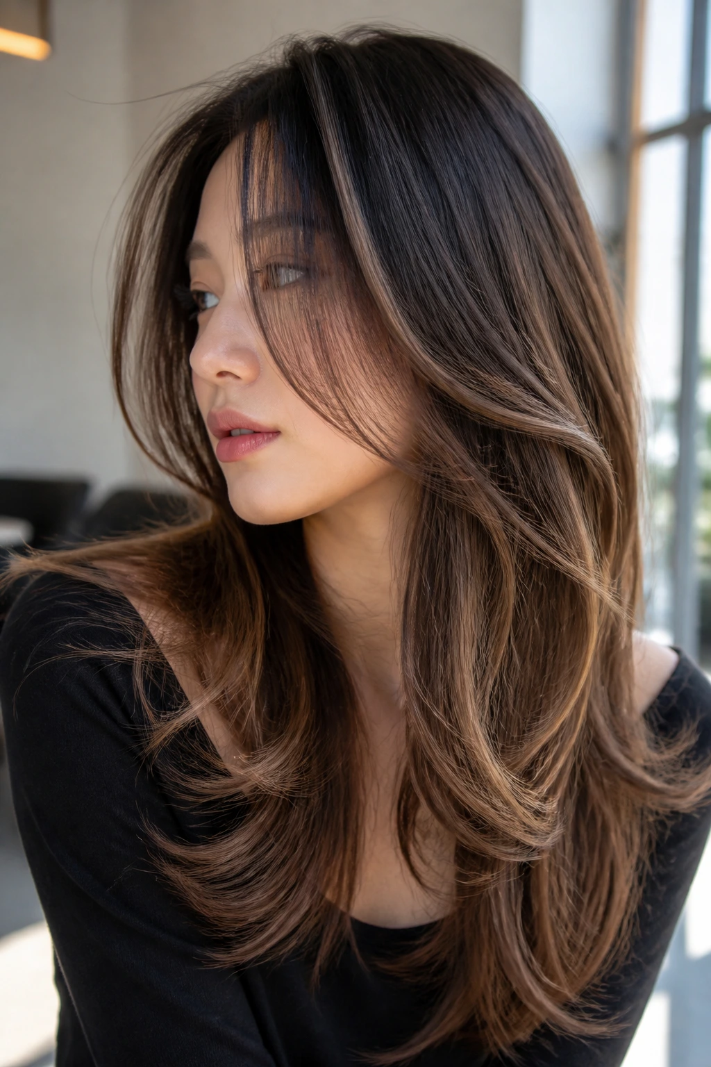 Close-up of a real woman with a Korean hush cut and caramel ribbons
