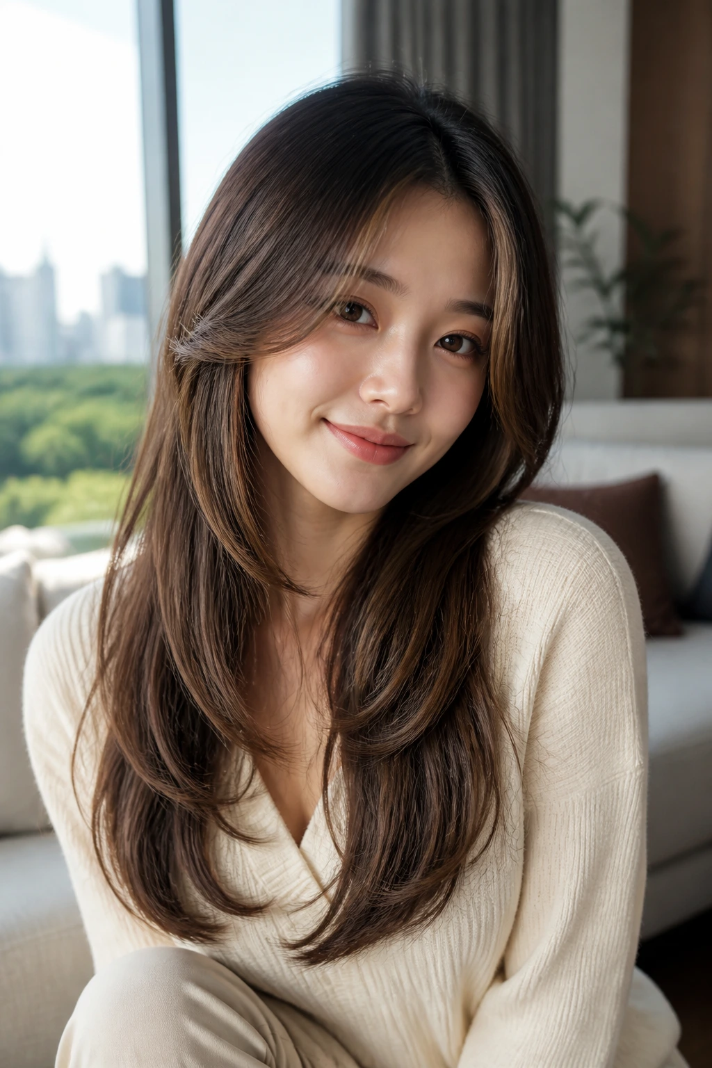 Portrait of a real woman with long Korean layers and caramel ribbons in natural light