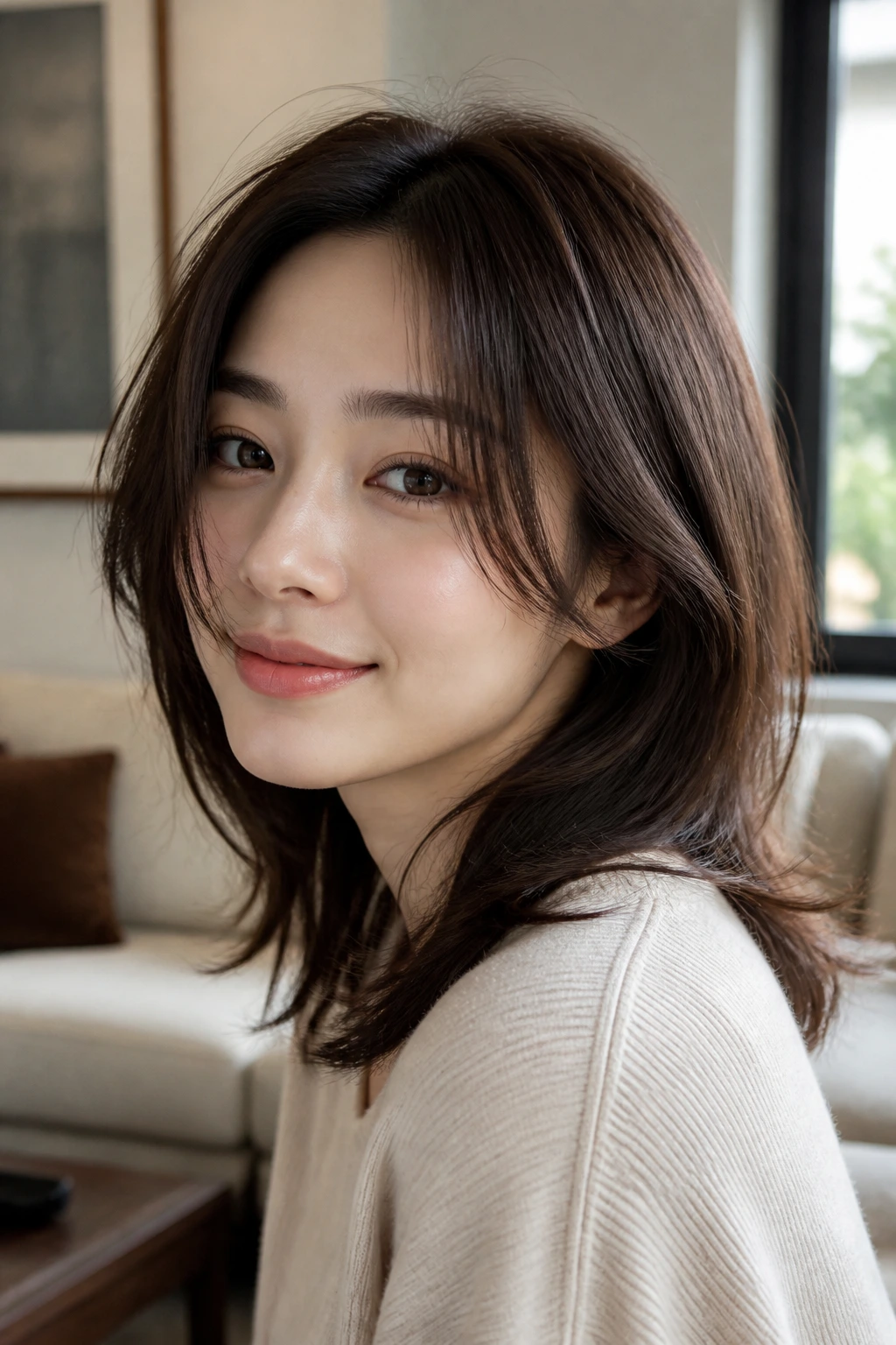 Portrait showing Korean layered haircut on fine hair with crown lift.