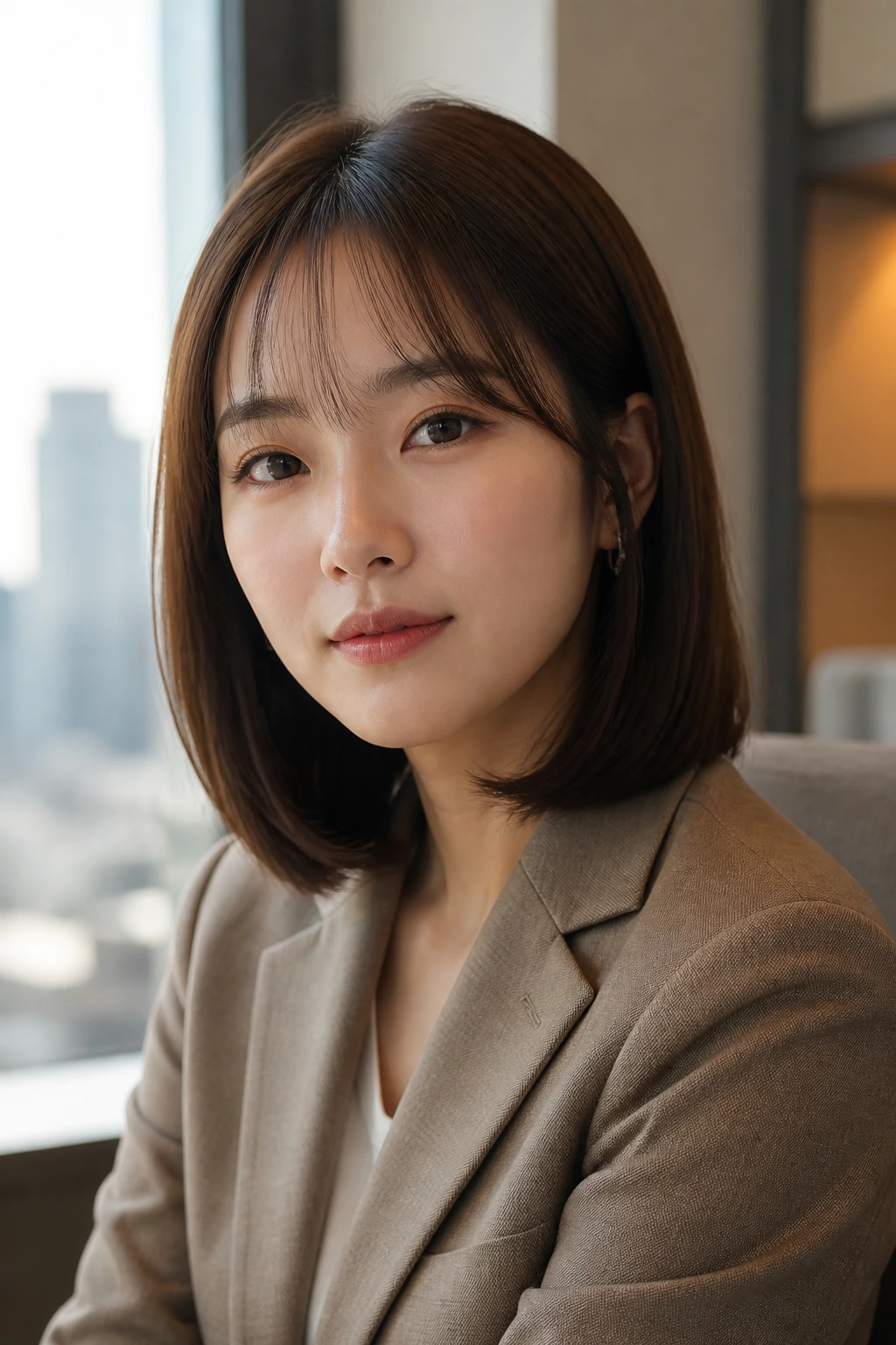 Real woman with a sleek Korean long bob and soft bangs in a polished day-to-day look.