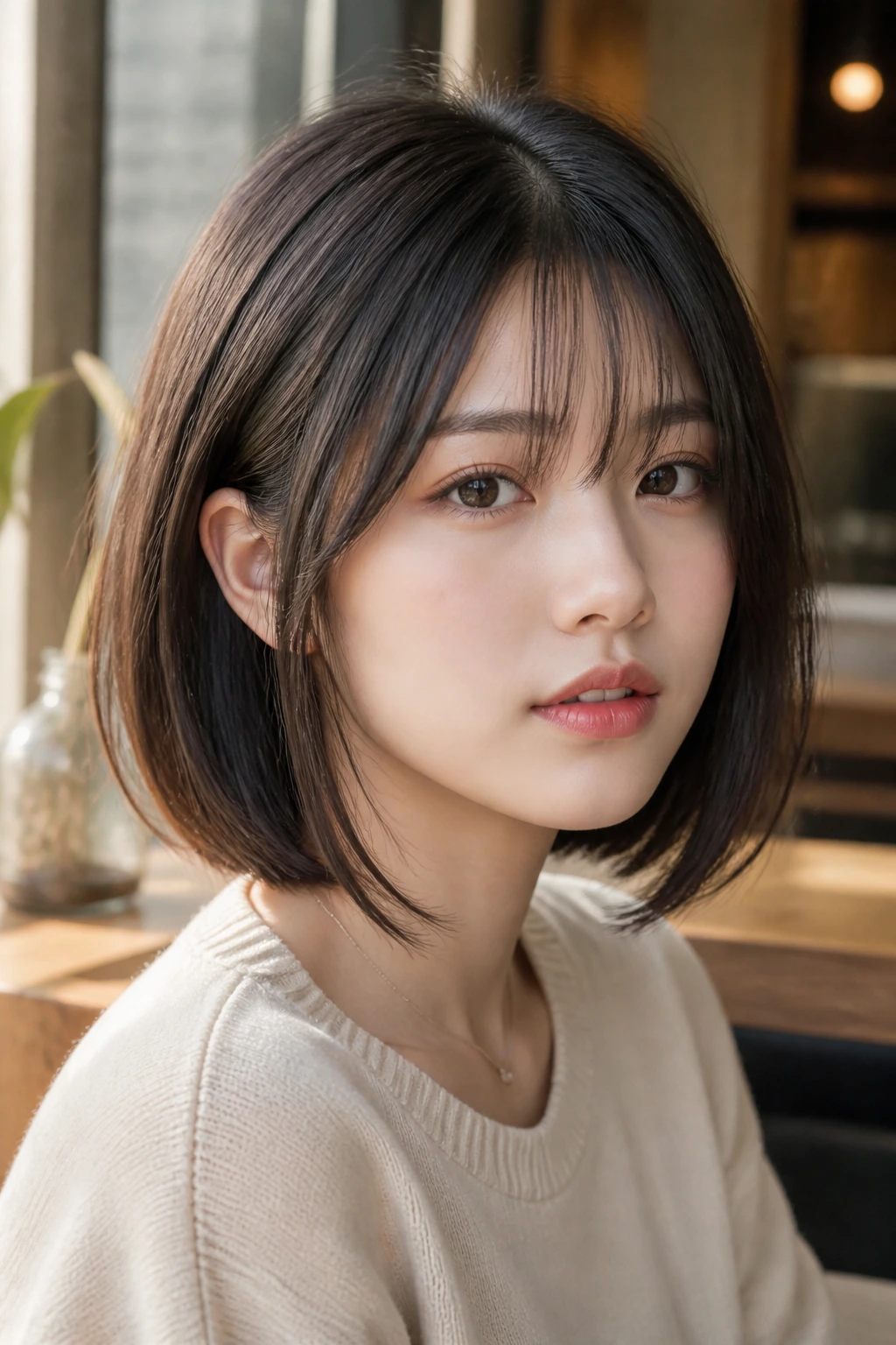 Portrait of a real woman with a Korean long bob that flatters a round face.