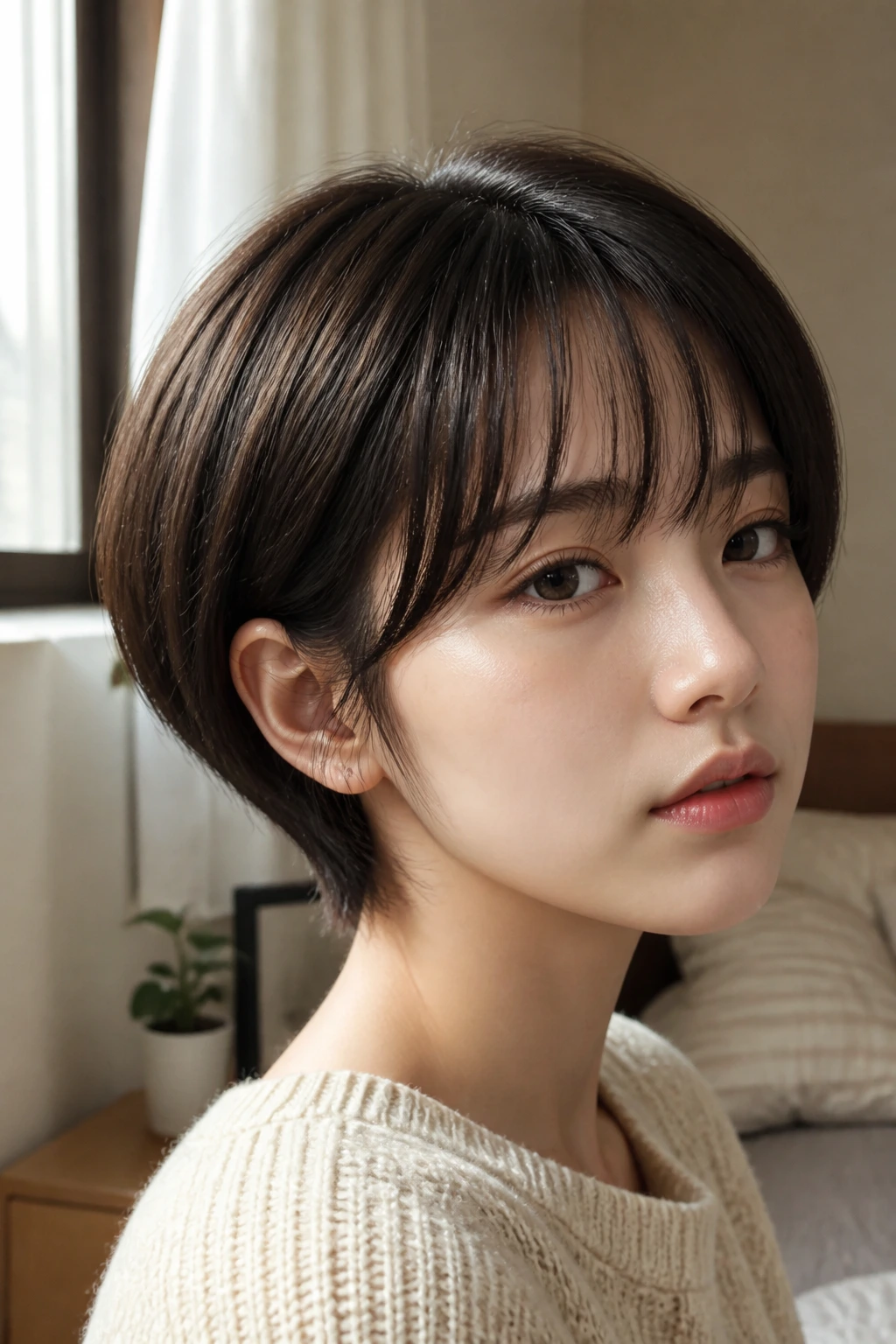 Close-up portrait of a real woman with a soft see-through fringe on a Korean pixie cut in warm window light