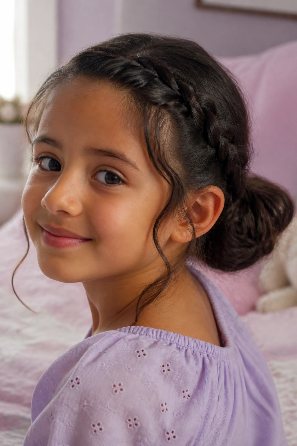 Close-up of a real child with a lace braid and soft low bun in a cozy sunlit bedroom