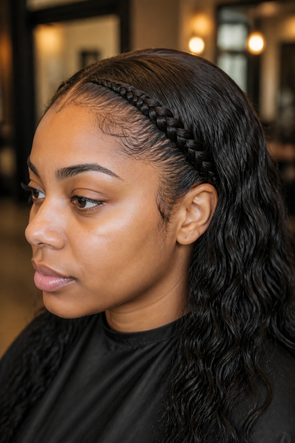 Close-up of a real woman with a lace braid along the hairline