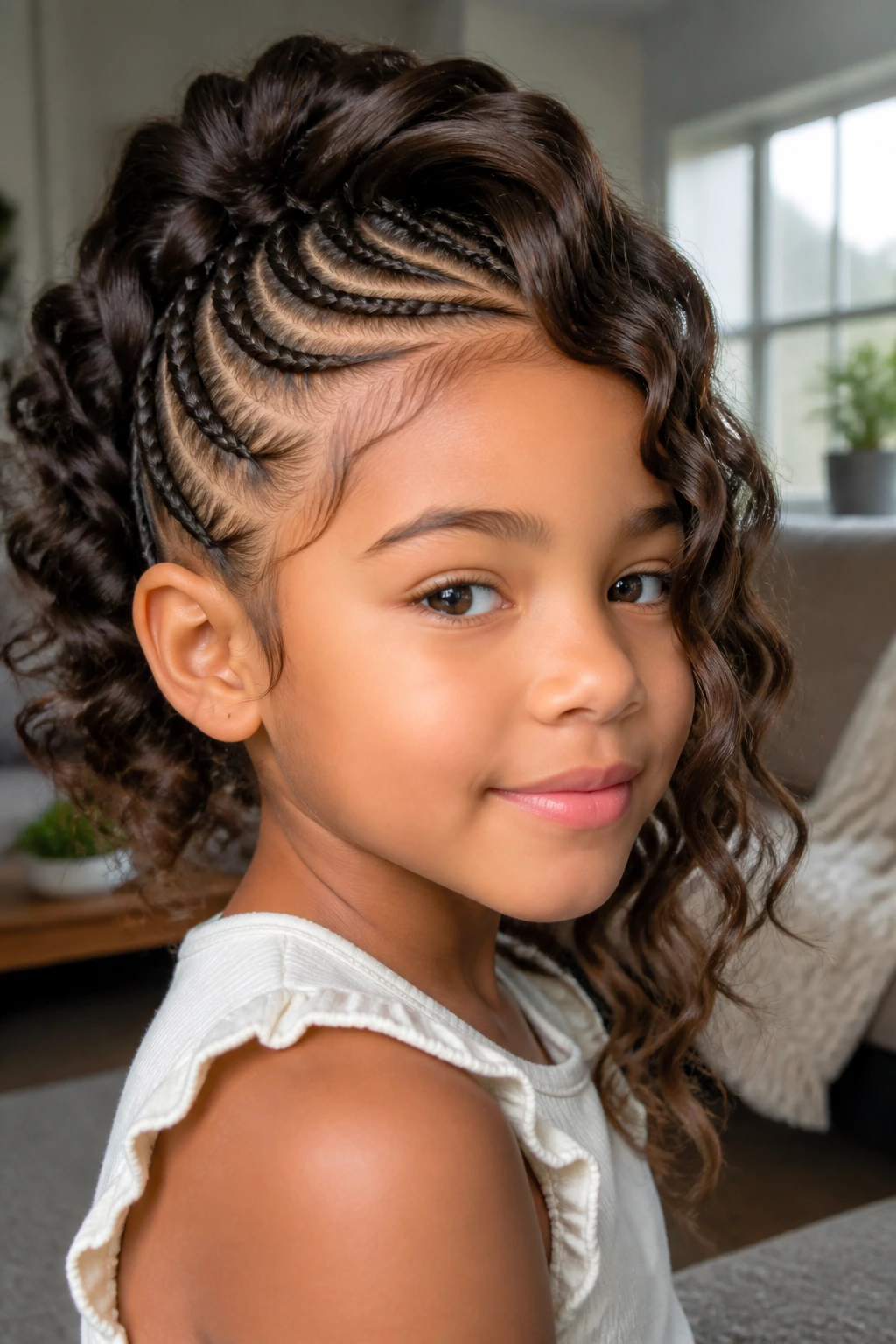 Child with lace-braid side sweep hawk.