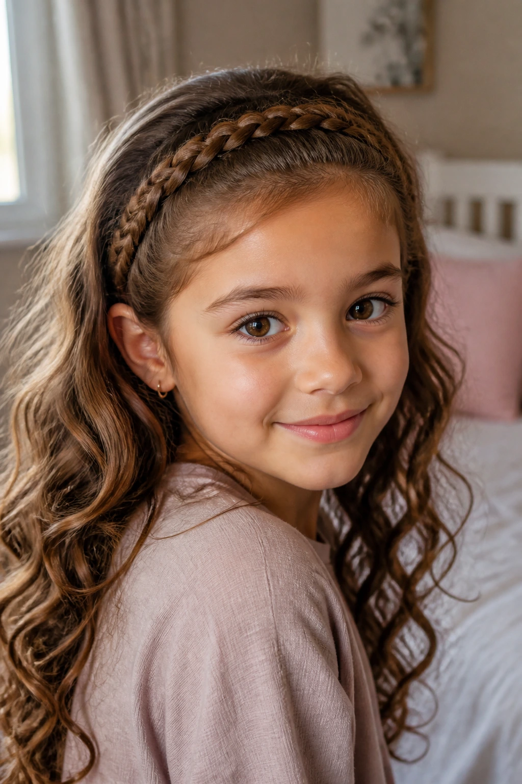 Close-up of a real child wearing a lace braid headband across the hairline with soft waves