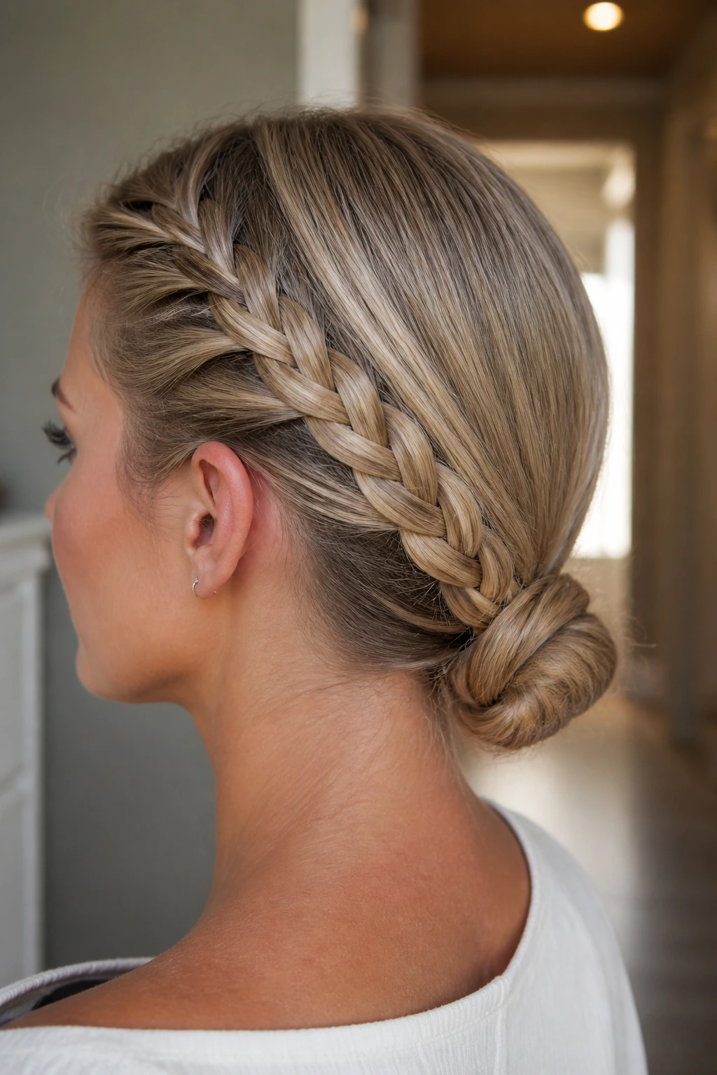 Close-up of a real woman with a lace braid leading into a low knot at the nape