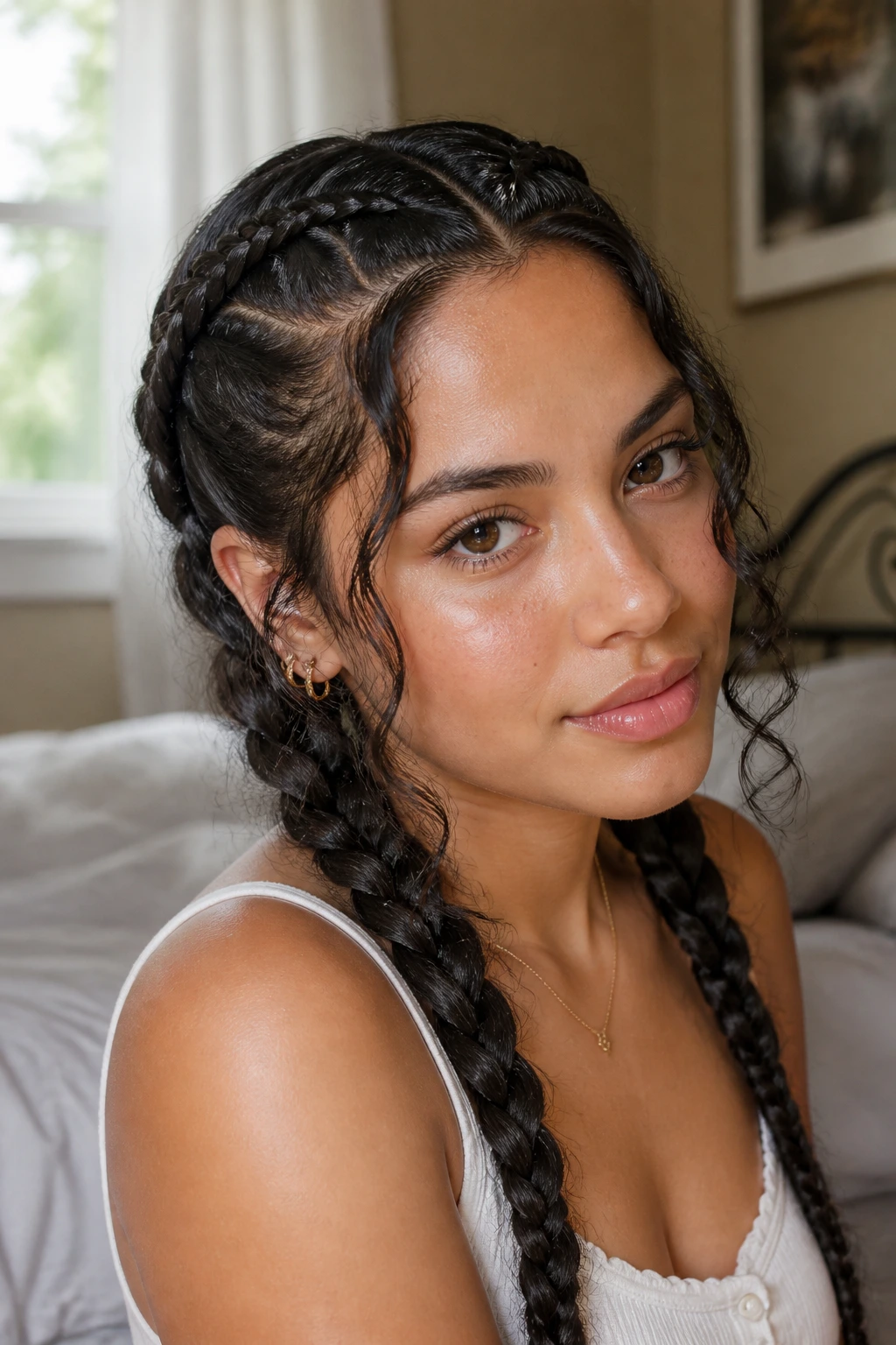 Close-up of a real woman's lace braids hugging the scalp on both sides