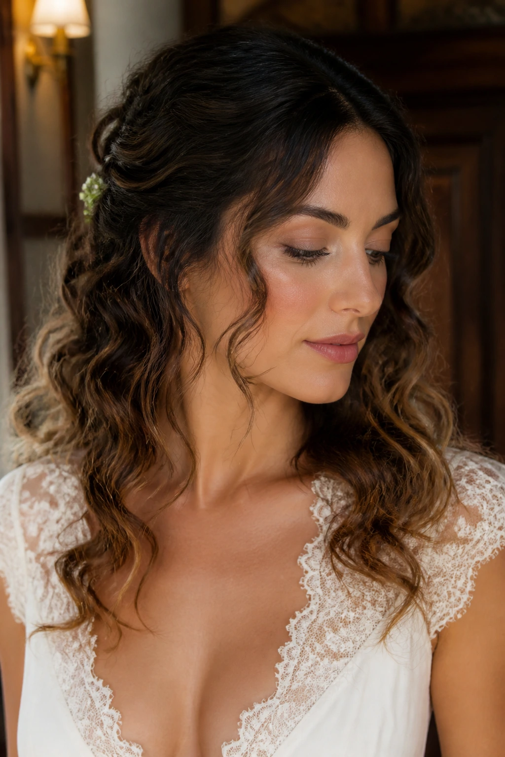 Portrait of a real woman with lace-edge soft waves and lace neckline visible.