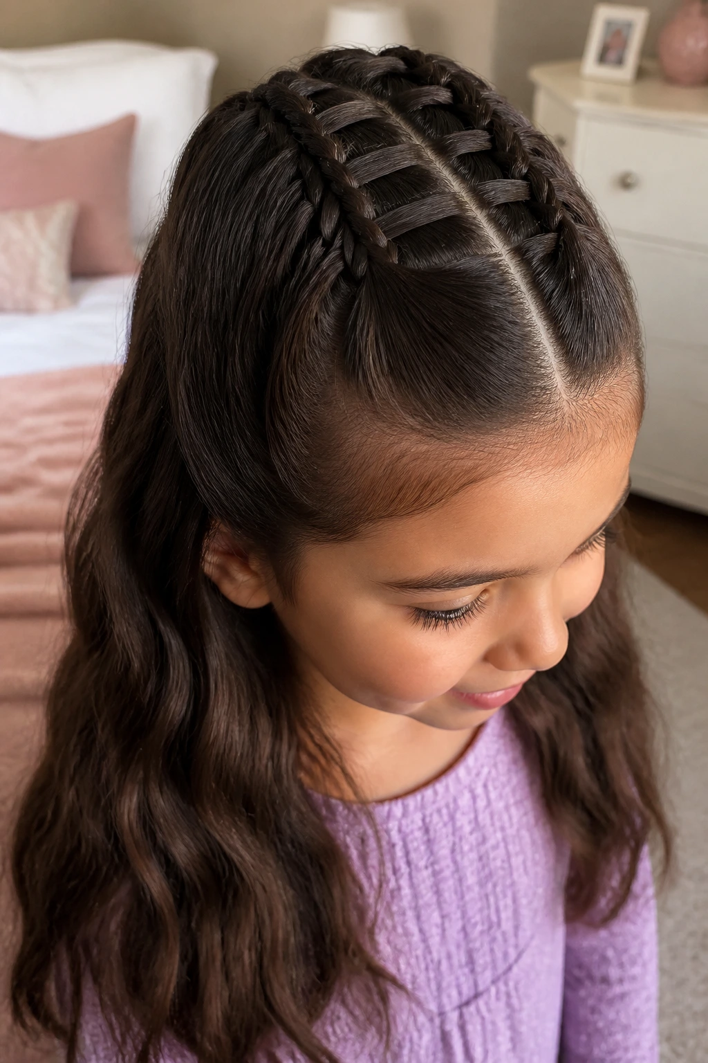 Close-up of a real child with a ladder braid half-up style
