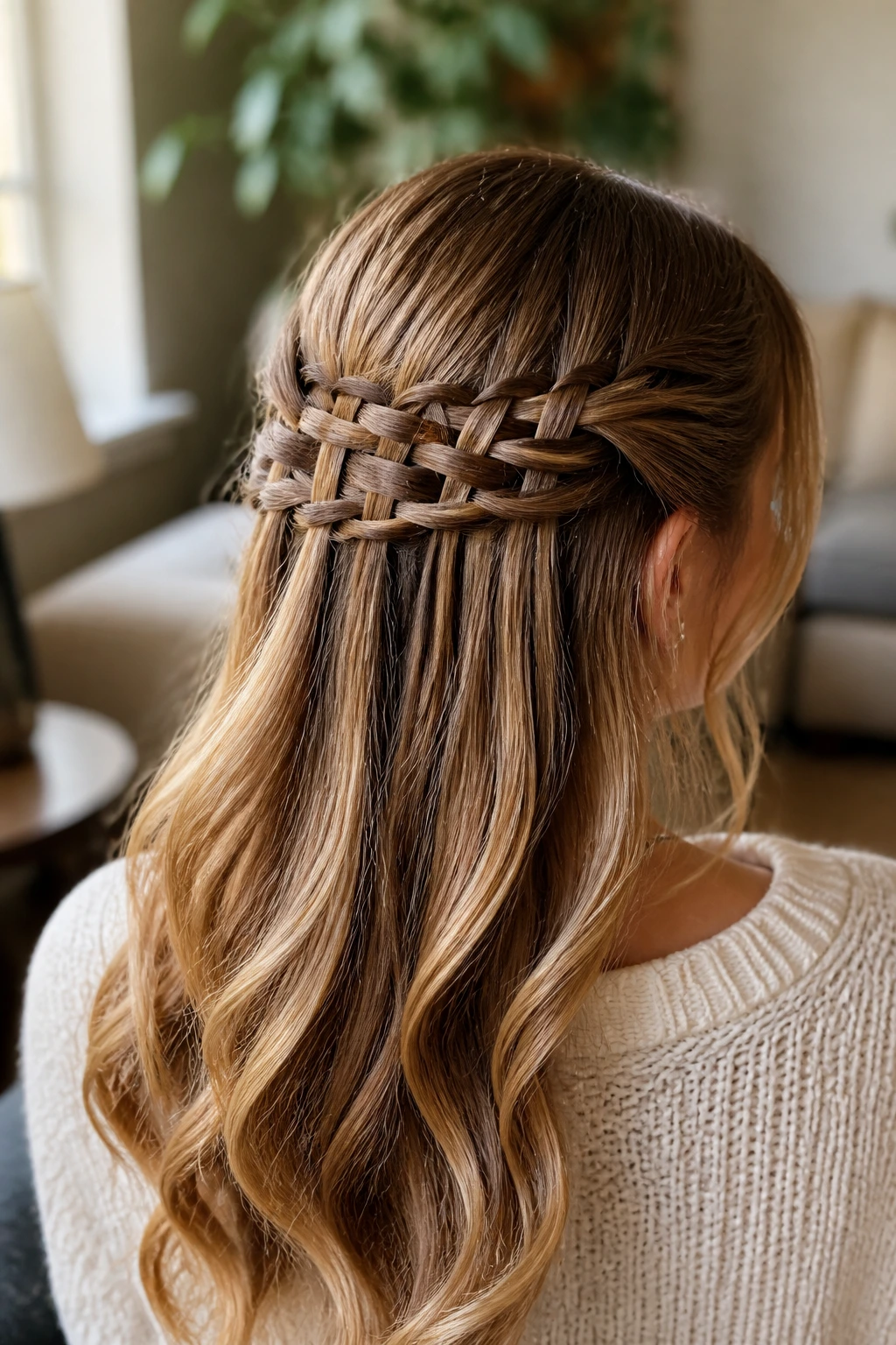 Close-up of a real woman with ladder braids forming a half-up style