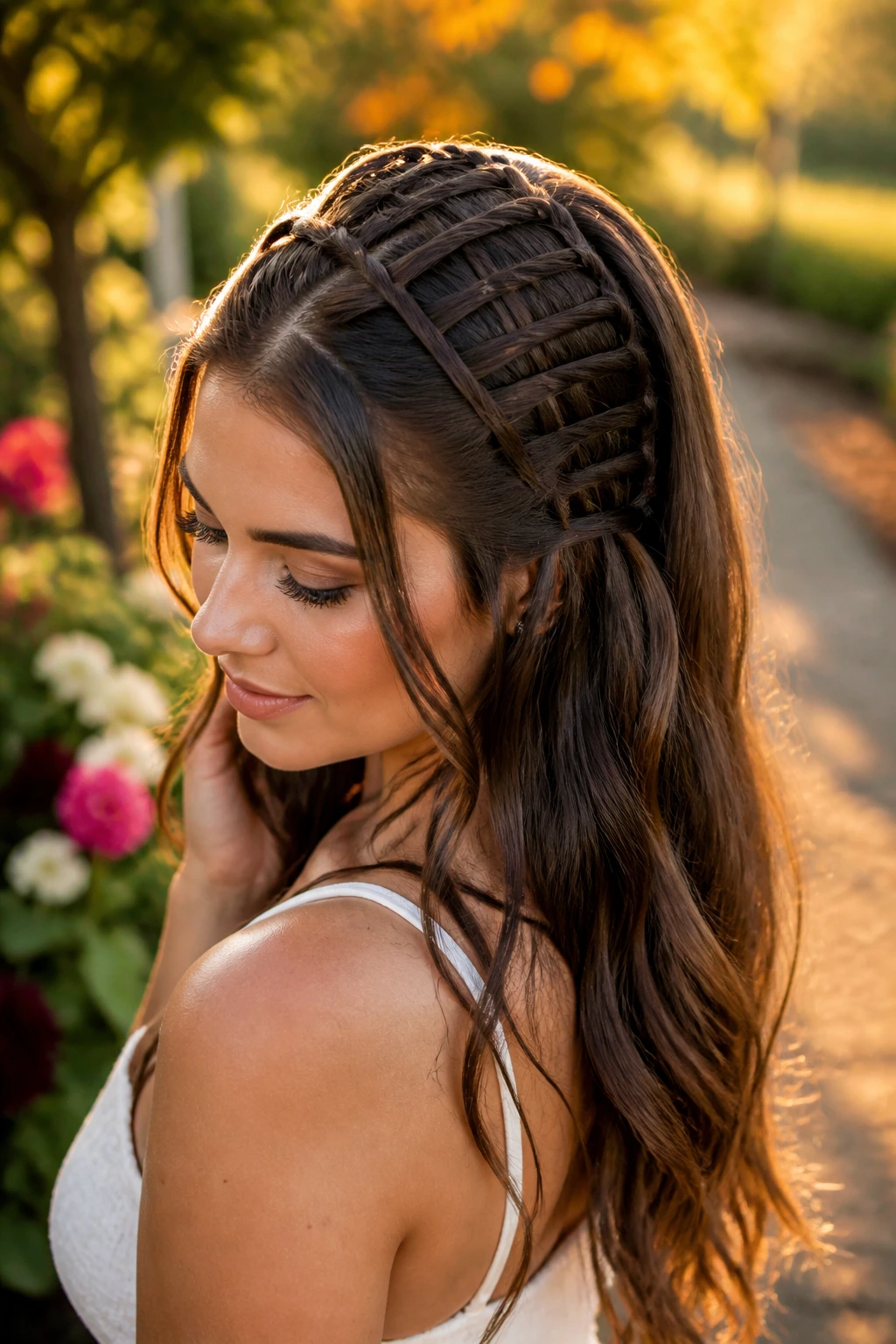 Close-up of a real woman with a ladder braid starting above the ear and loose length below in golden hour light