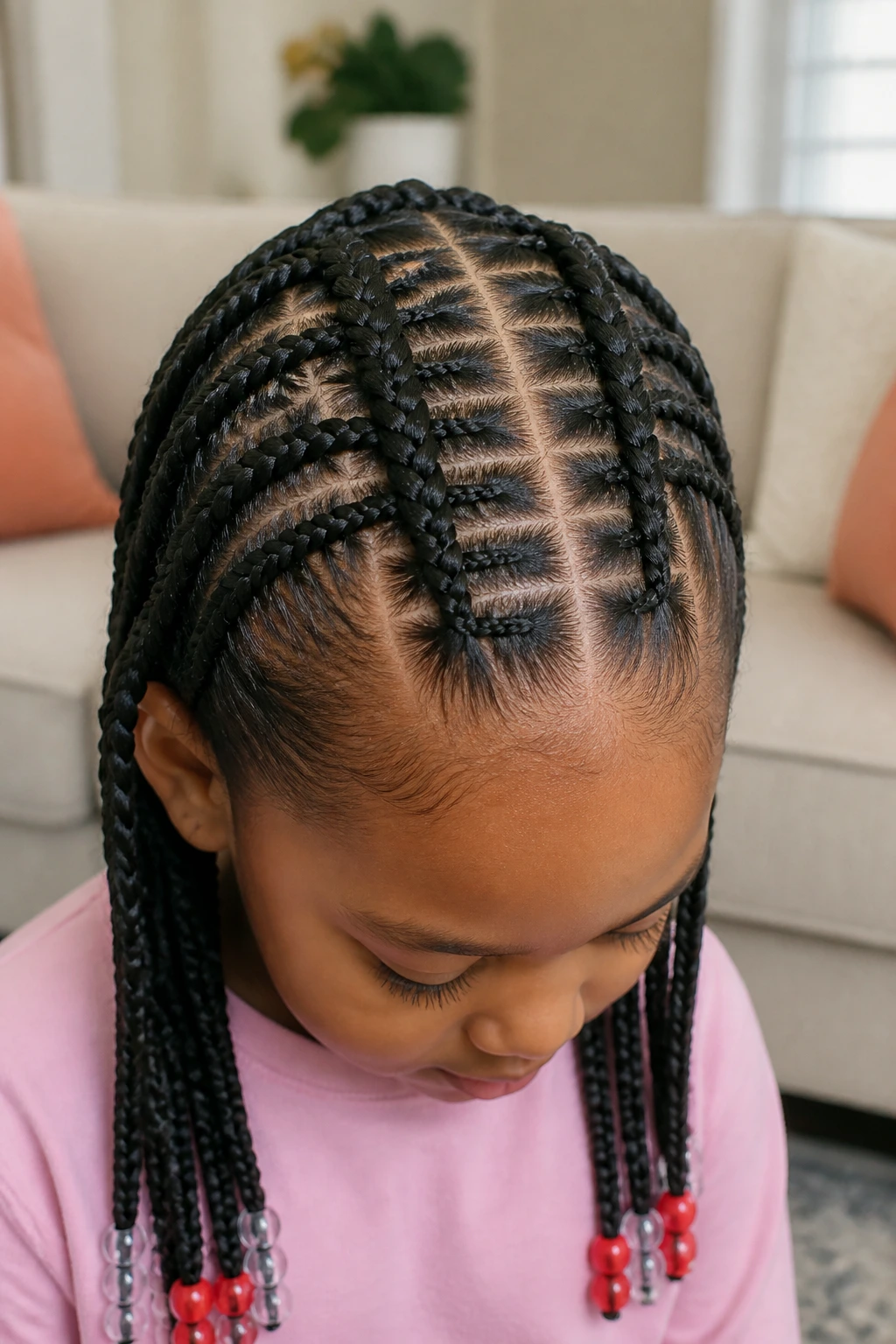 Close-up of a child showing ladder braids on a center base