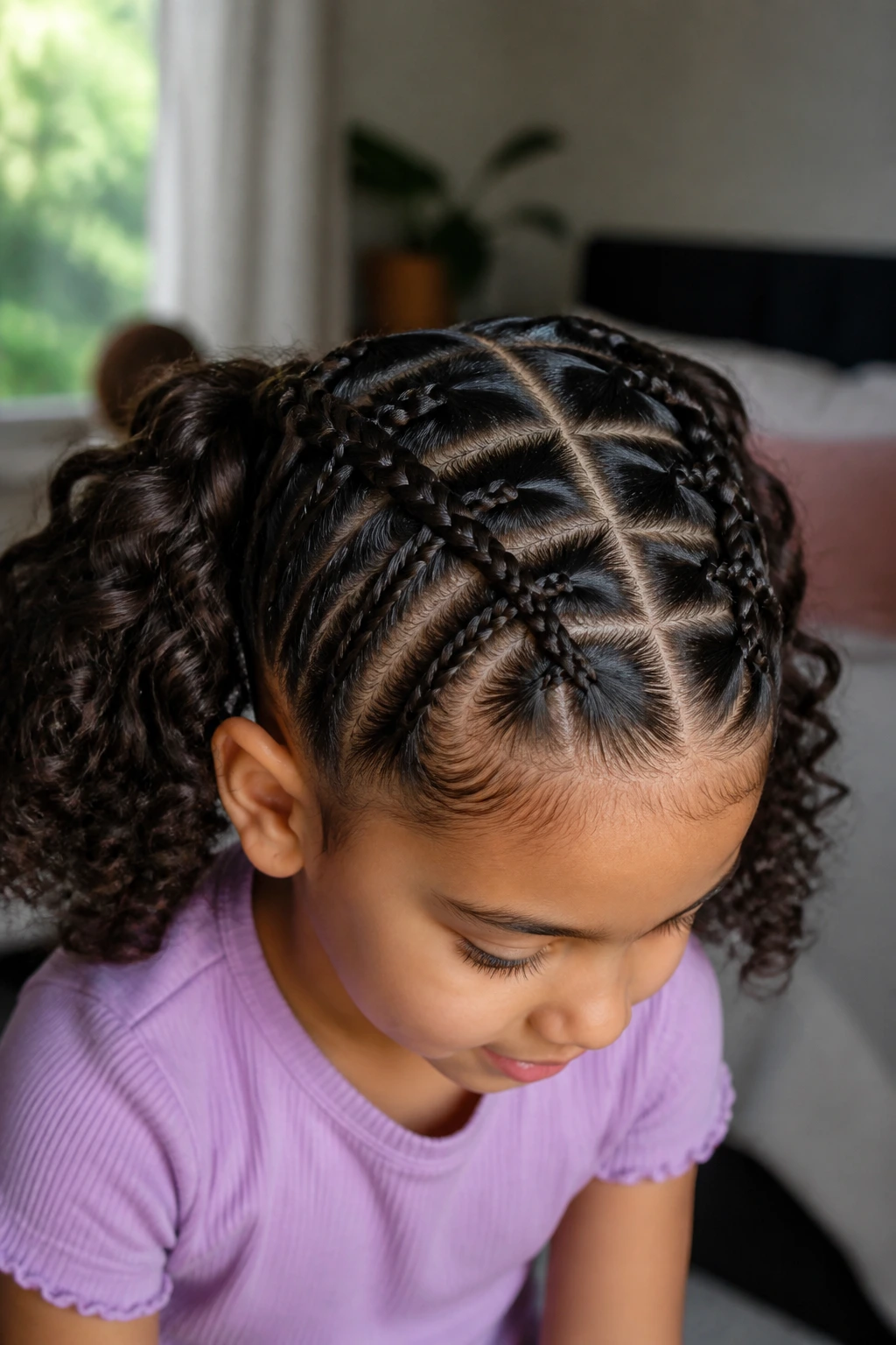 Close-up of a real child with ladder braids ending in pigtails
