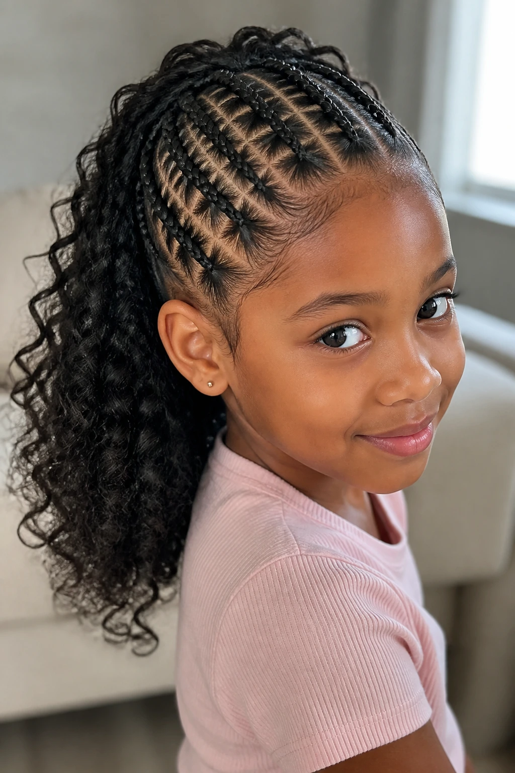 Real girl with ladder-pattern half cornrows and loose curls in a sunlit room