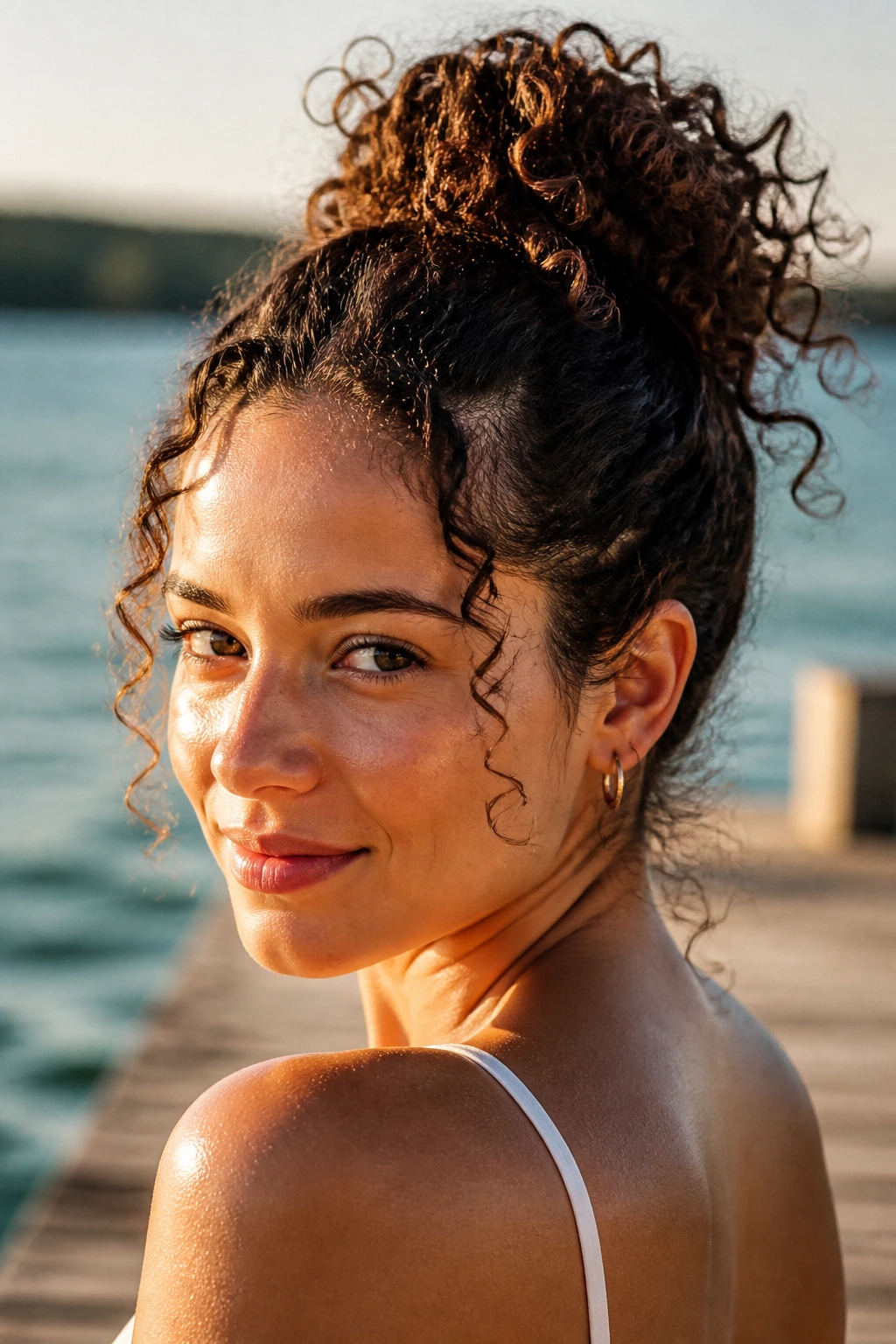 Close-up of a real woman by a lake with wind-resistant curls.