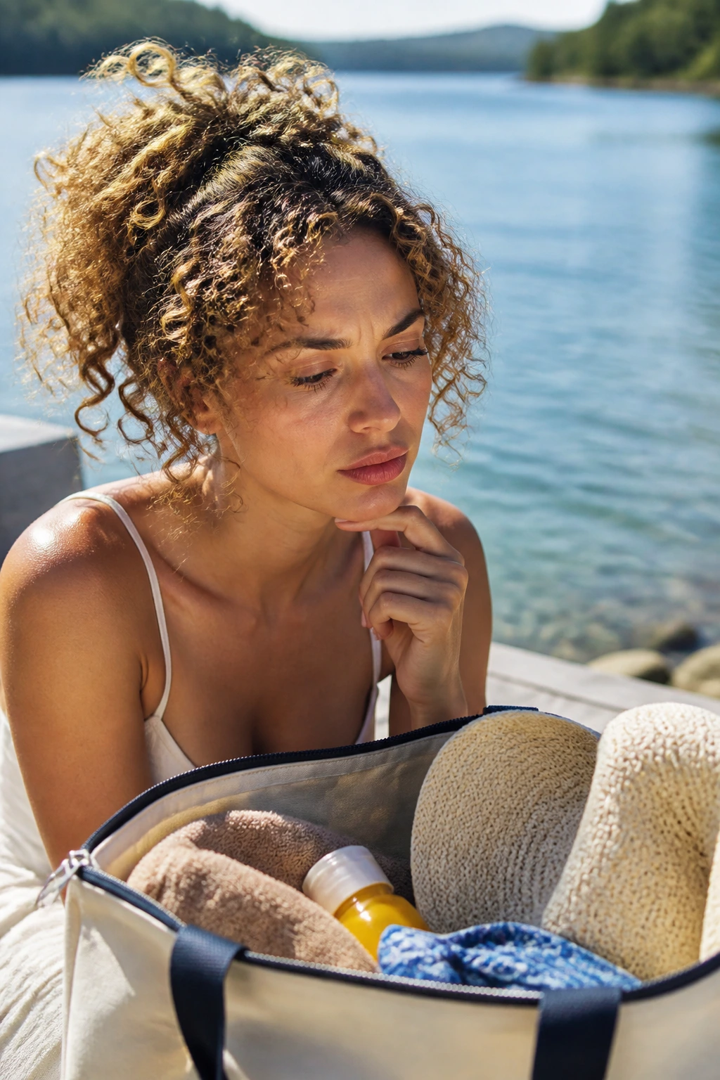 Portrait of a woman thinking about what to pack for the lake