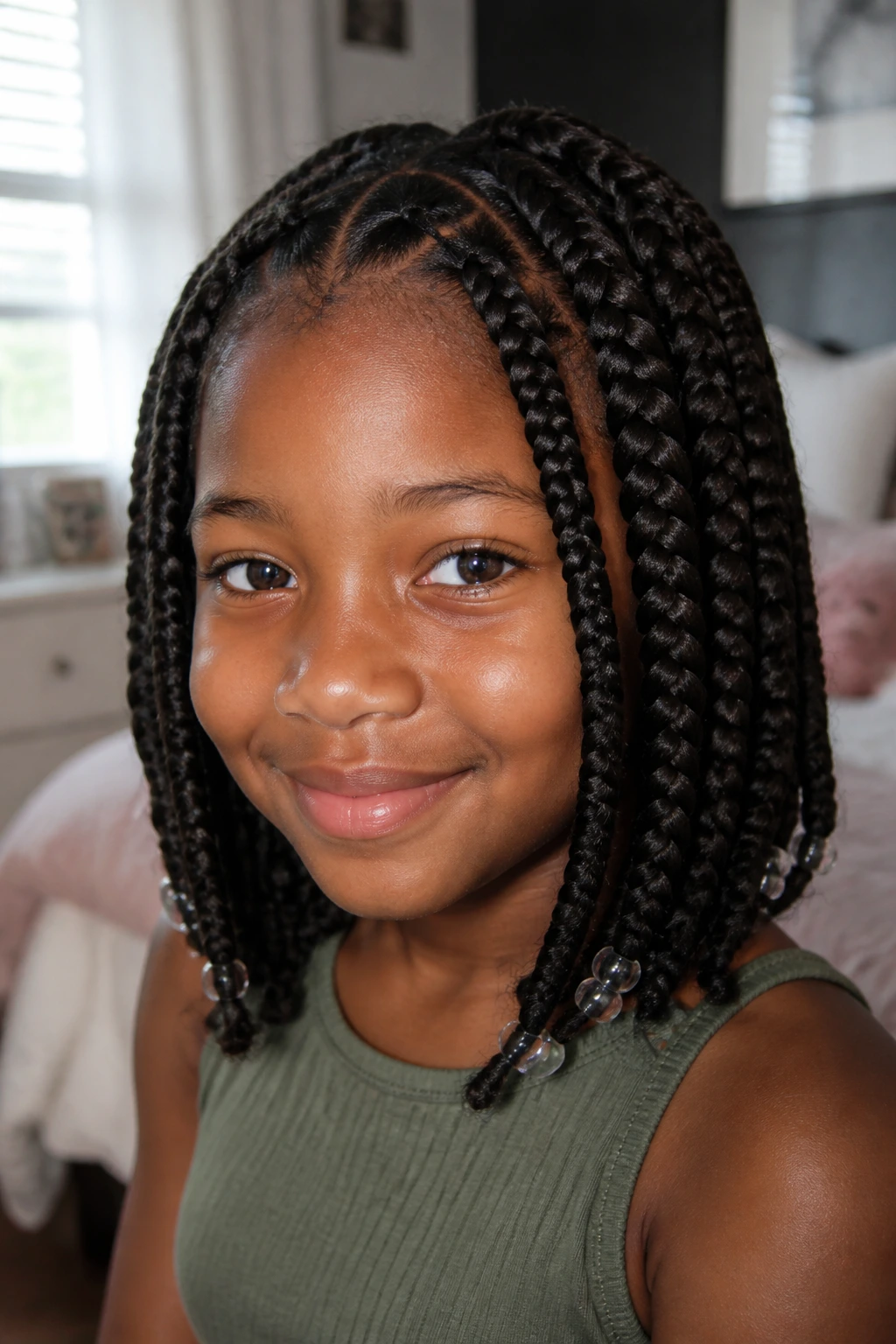 Close-up of a real young girl with large braids in a cozy bedroom with natural light