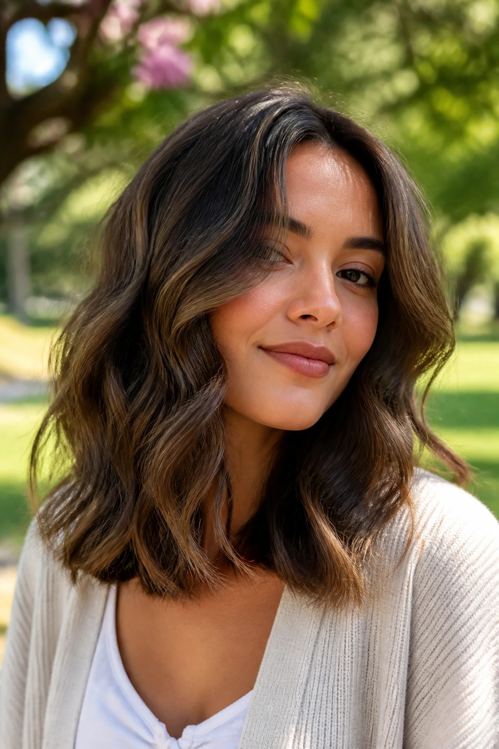 Woman with large shoulder-length waves in her hair