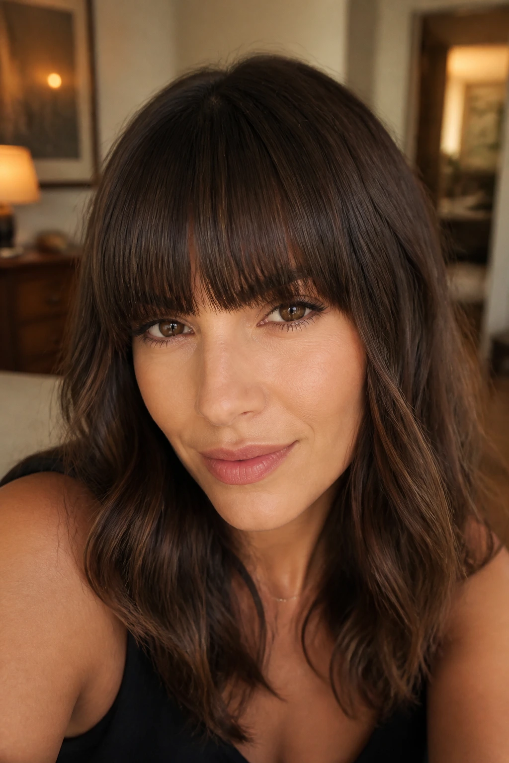 Brunette with lash-skimming blunt fringe in warm indoor light