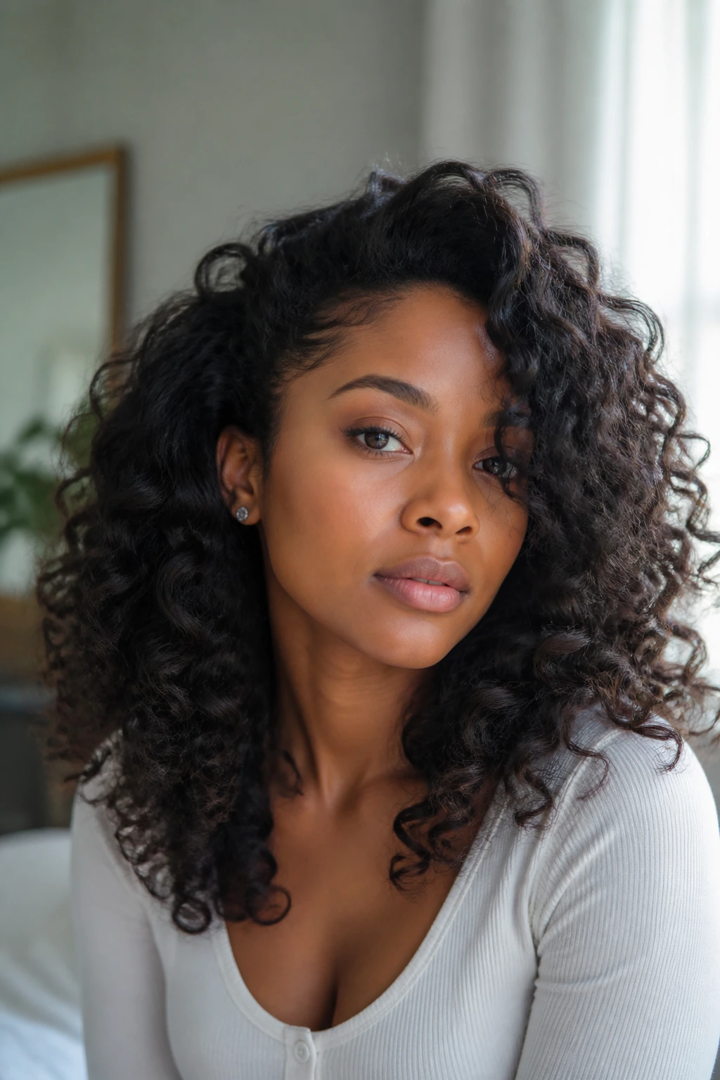 Portrait of a real woman with loose curls filling the frame showcasing lasting curl definition