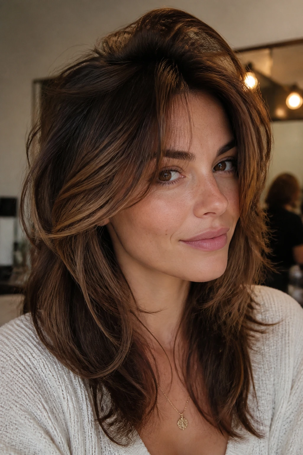 Real woman showing bent front pieces and crown lift for lasting shape