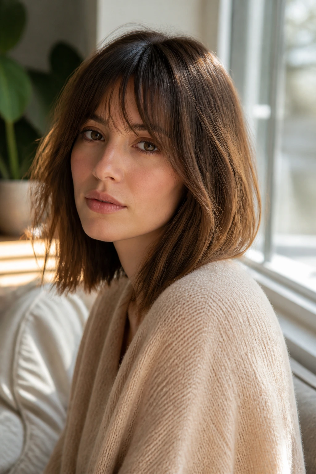 Close-up portrait of a real woman with a worn-in fringe and lasting shape lob