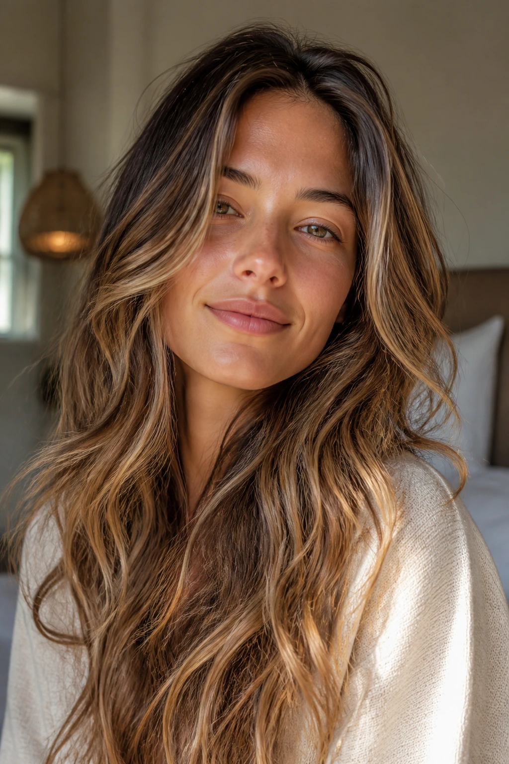 Close-up of long layered wavy hair with babylights on a real person.