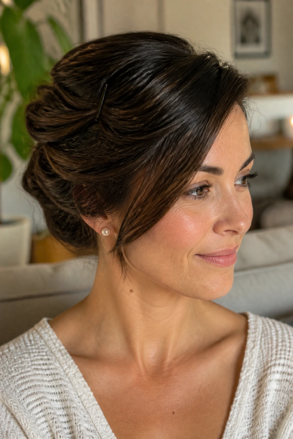 Close-up of a real woman with a side-swept hairstyle and hidden anchor pin