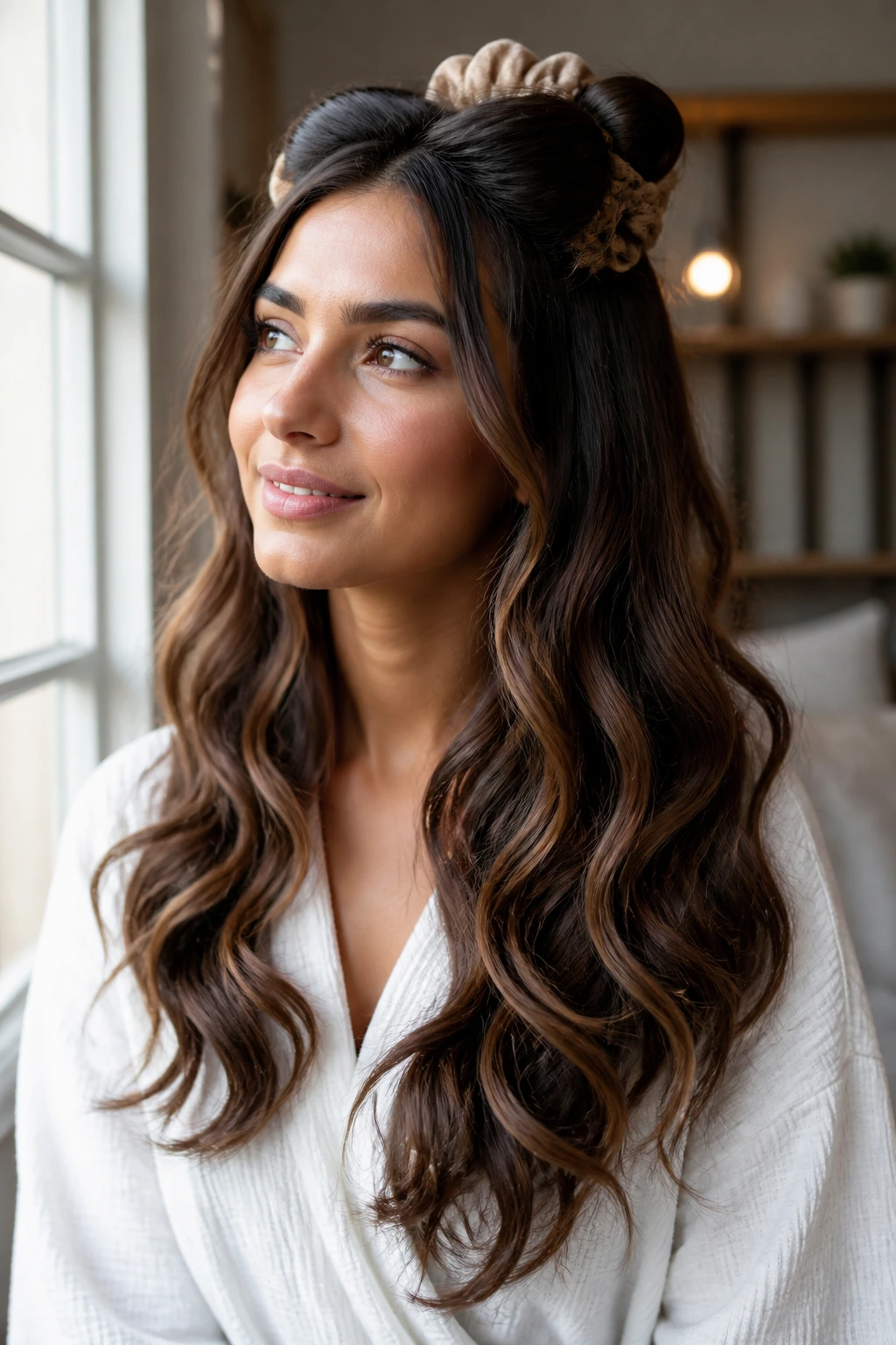 Portrait of person with long waves lasting through day