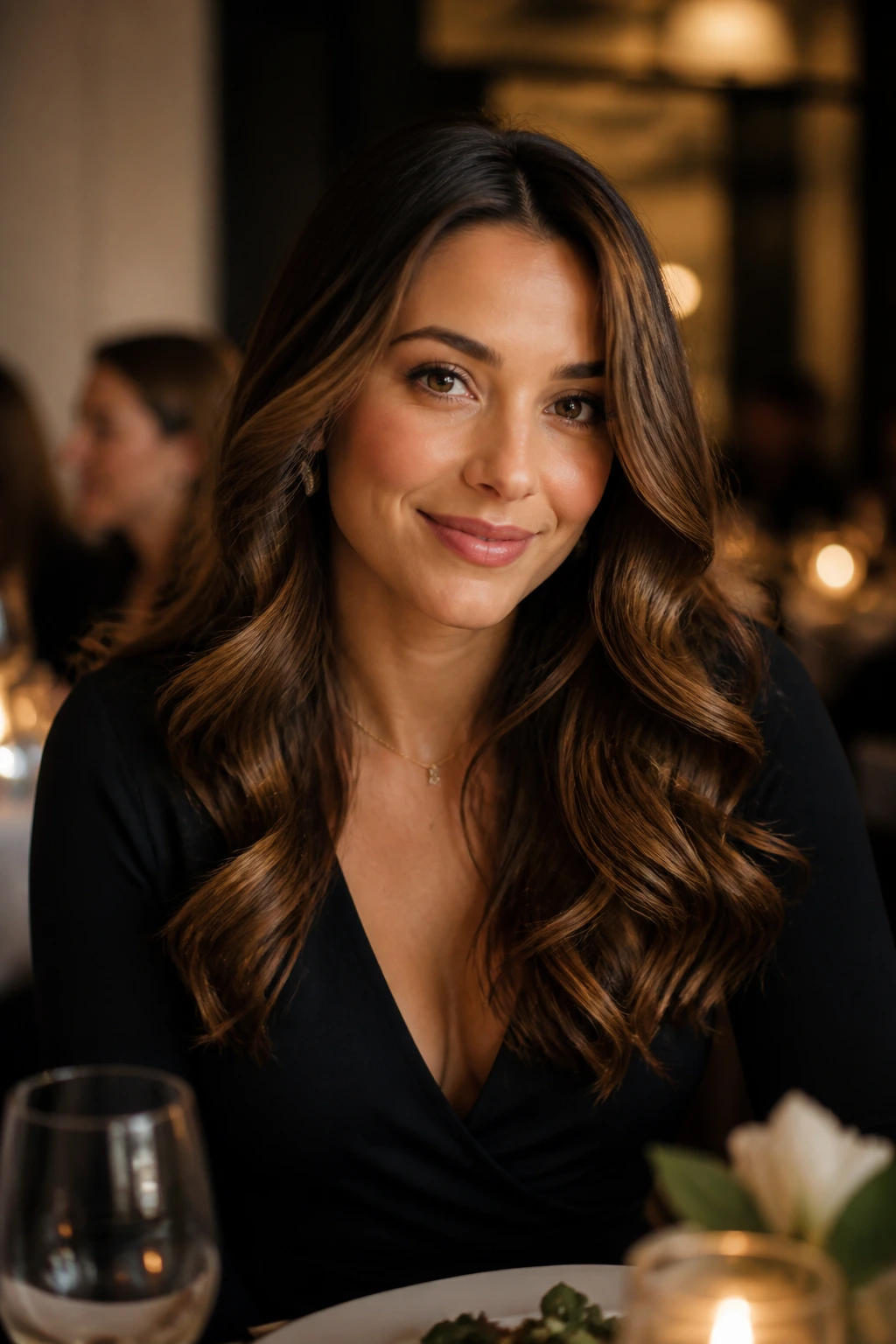 Real woman with lasting waves at a dinner table in warm ambient lighting.