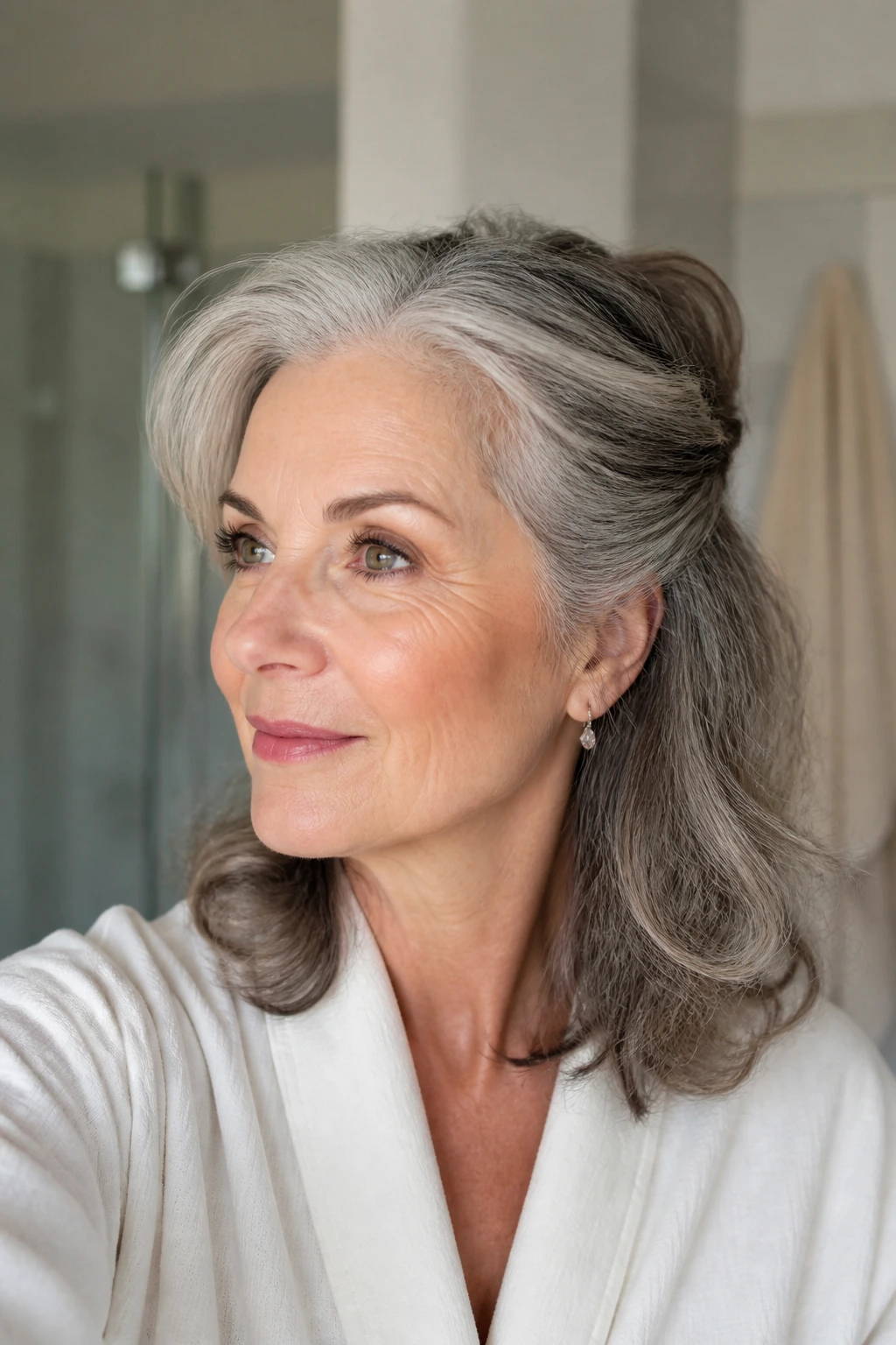 Close-up of a real woman with a quick, neat hairstyle ideal for a late morning