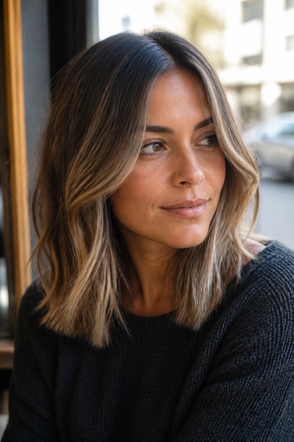 Close-up of a real woman with smoky latte lob and ash beige tones in soft cafe window light
