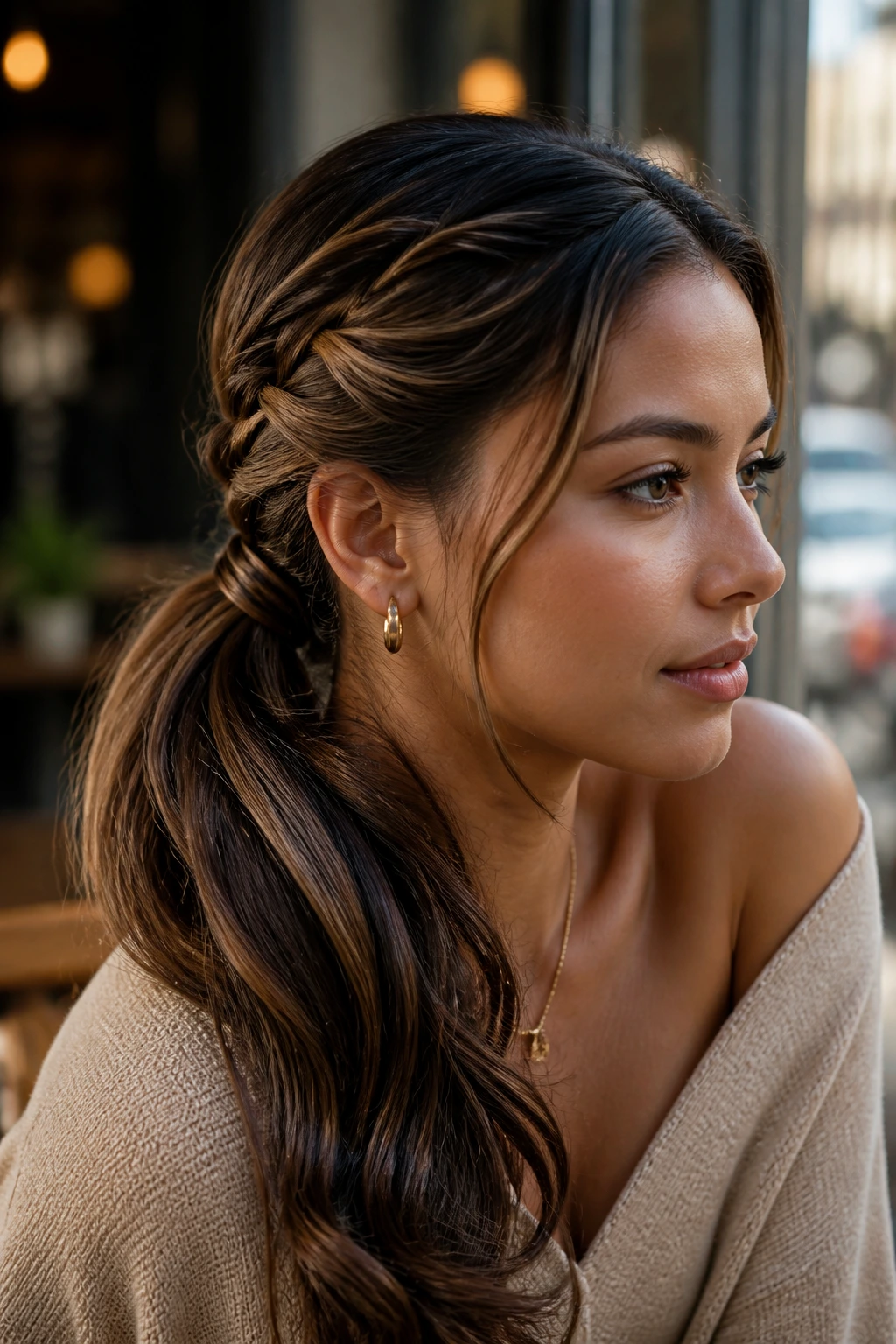 Close-up of a real woman with Latte Braid-Through Ponytail featuring latte streaks in a sleek ponytail.
