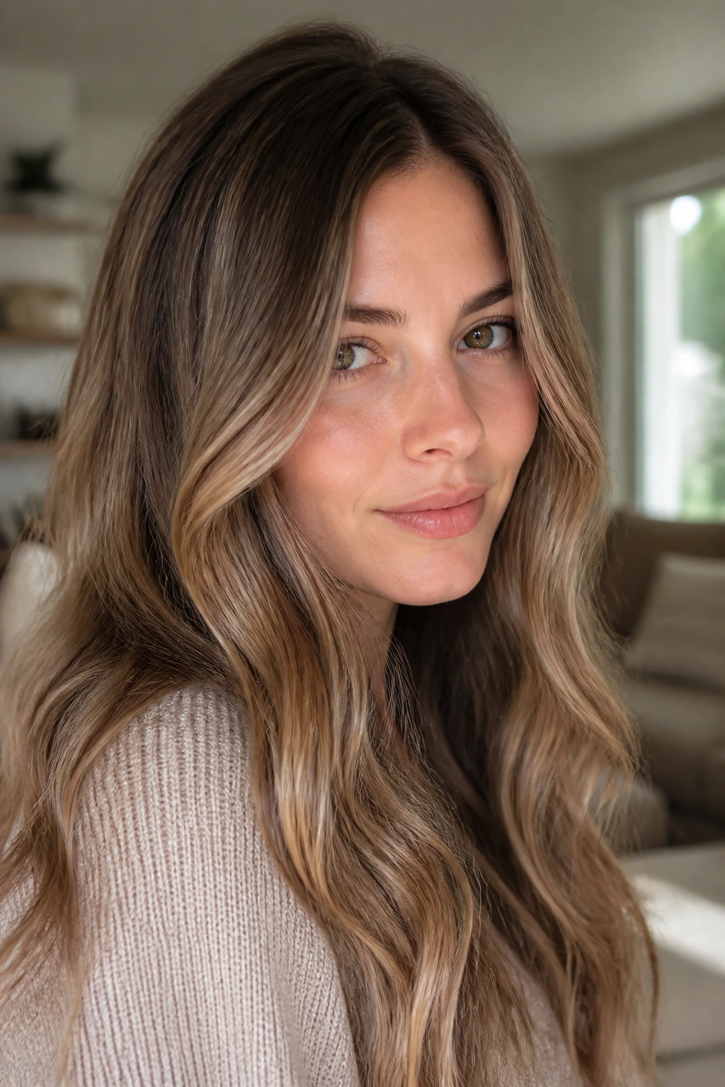 Close-up of hair with latte bronde midlights on pale skin in a sunlit room.