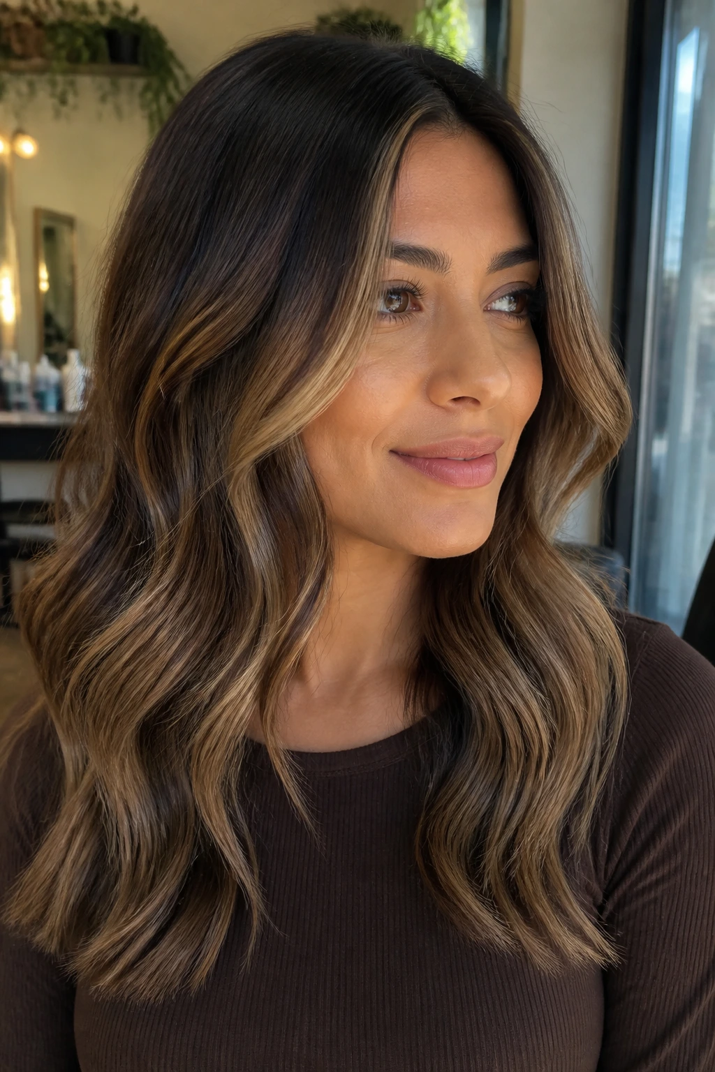 Close-up of a real woman with latte brown balayage framing the face