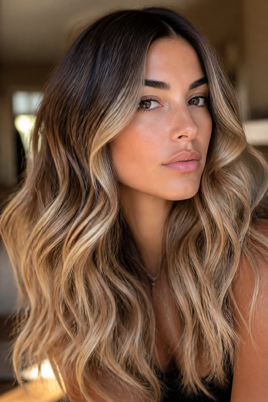 Close-up of a real woman with latte brown roots and flaxen tips on olive skin