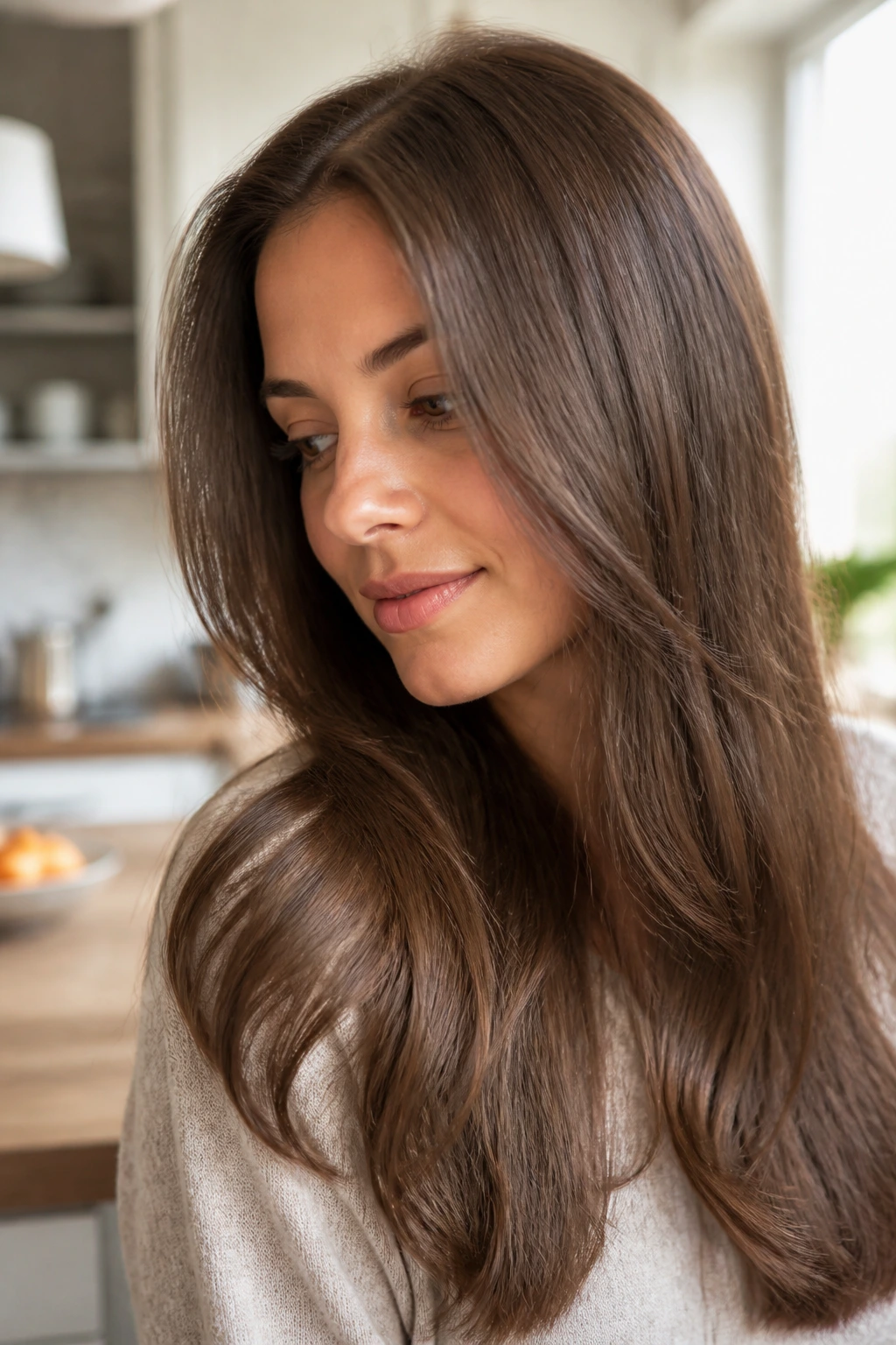 Close-up of Latte Brown Gloss hair with creamy brown and high gloss