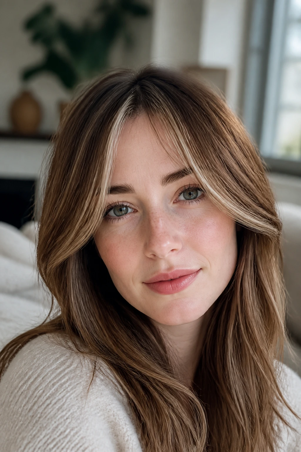 Close-up of latte brown hair with micro-lights around the face frame on a real person