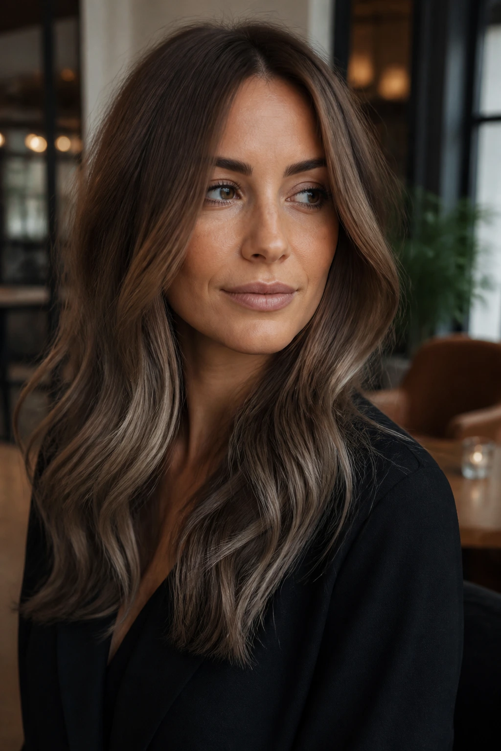 Close-up of latte brown hair with smoky ash ends on a real person