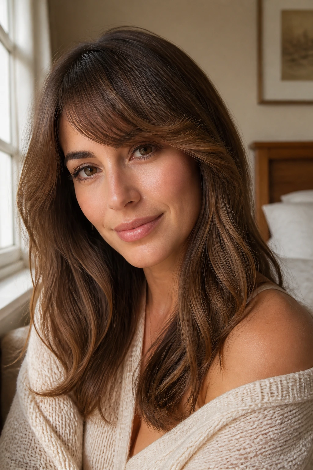 Close-up portrait of a real woman with latte brunette hair and side-swept bangs