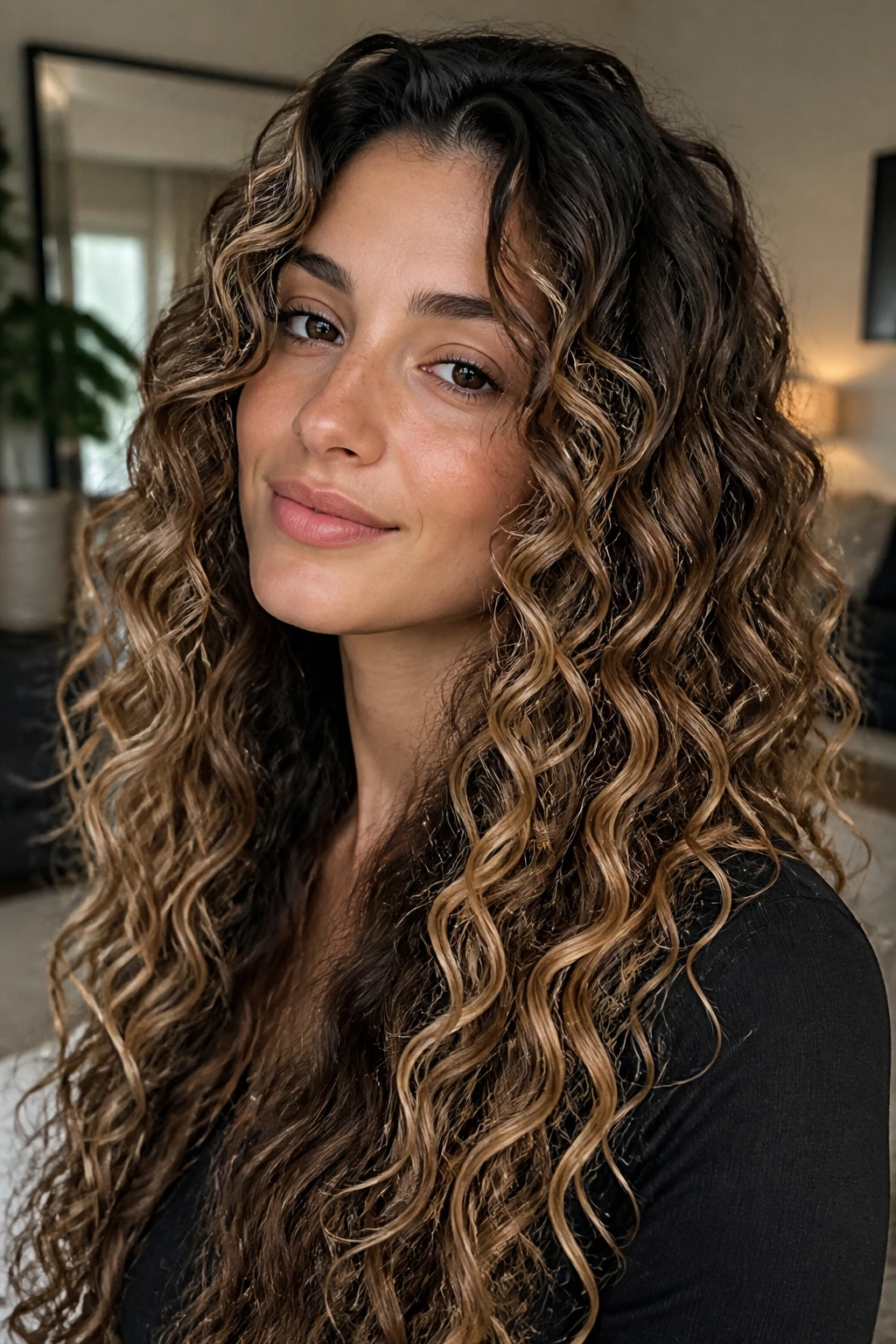 Close-up of a real woman with latte brunette and shadow roots on long curls