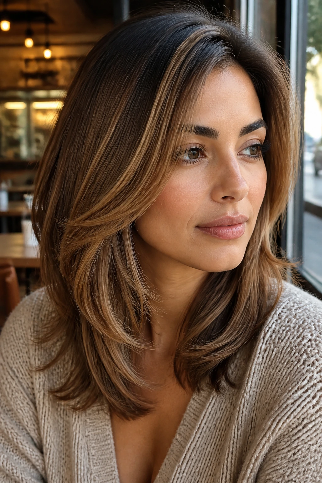 Close-up of olive-skinned woman with layered hair and latte caramel highlights
