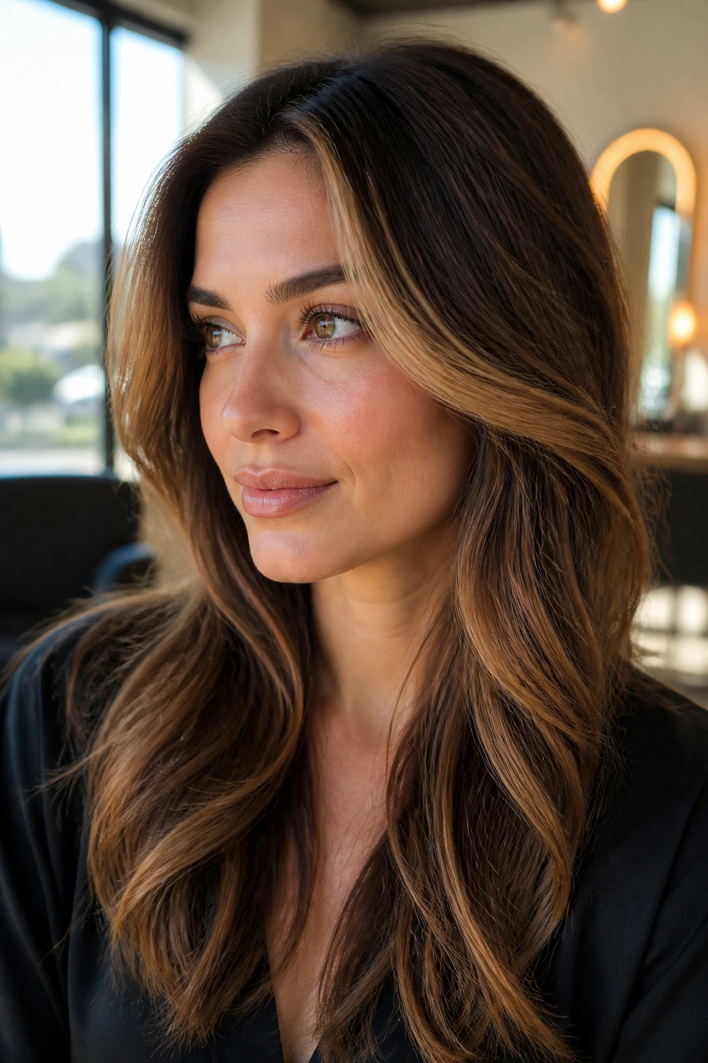 Close-up of latte brunette contour highlights framing the face.