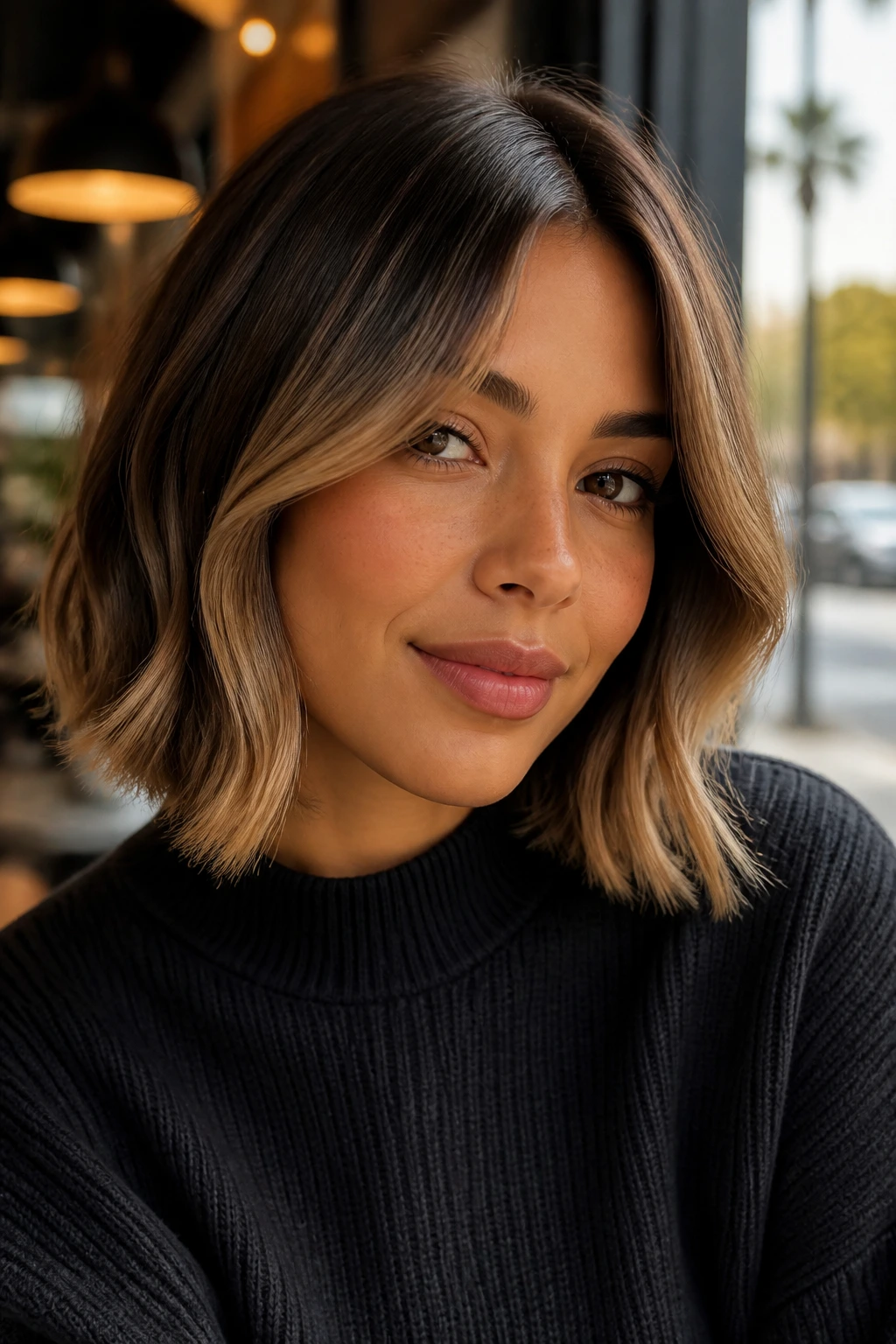 Close-up portrait of real woman with latte curtain fringe lob