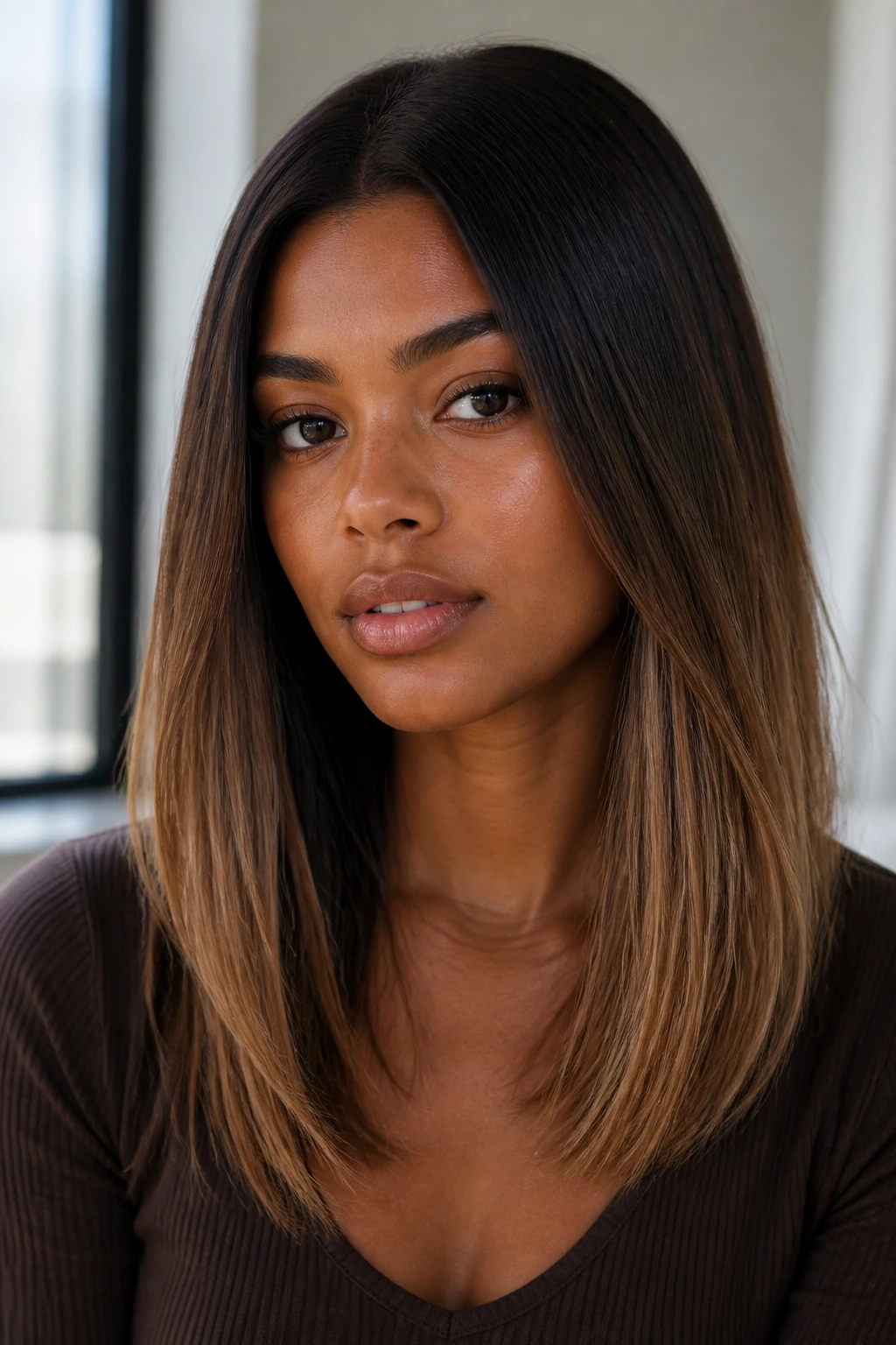 Close-up of straight midlength hair with latte ends and creamy melt