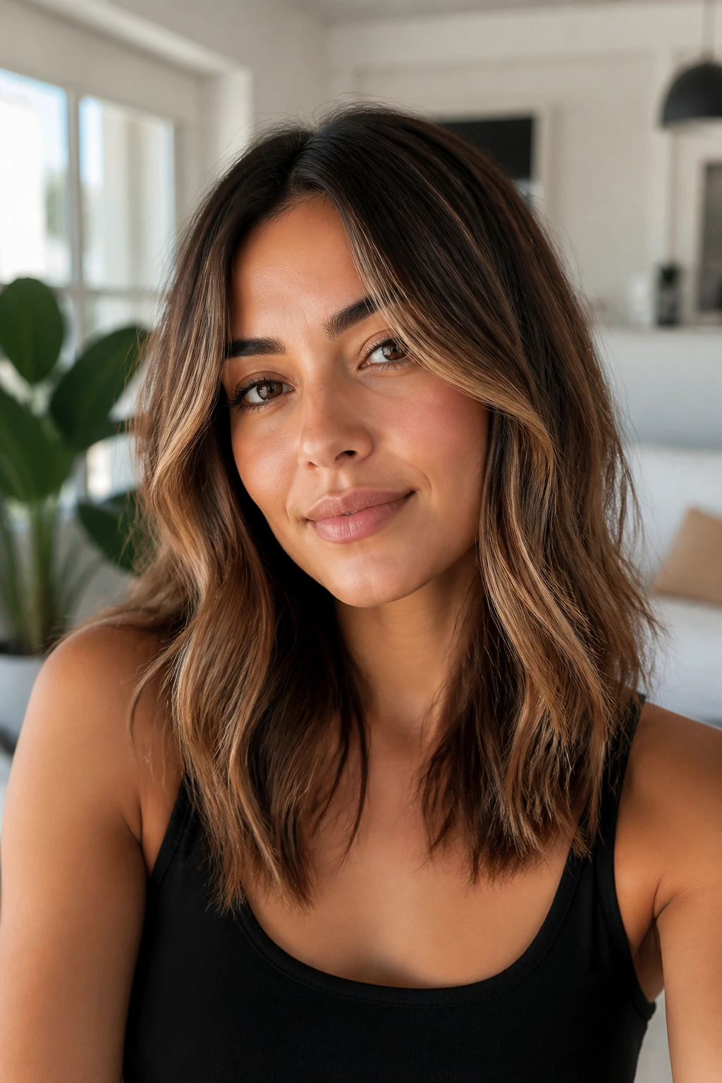 Close-up of a woman with latte midlength highlights and soft waves